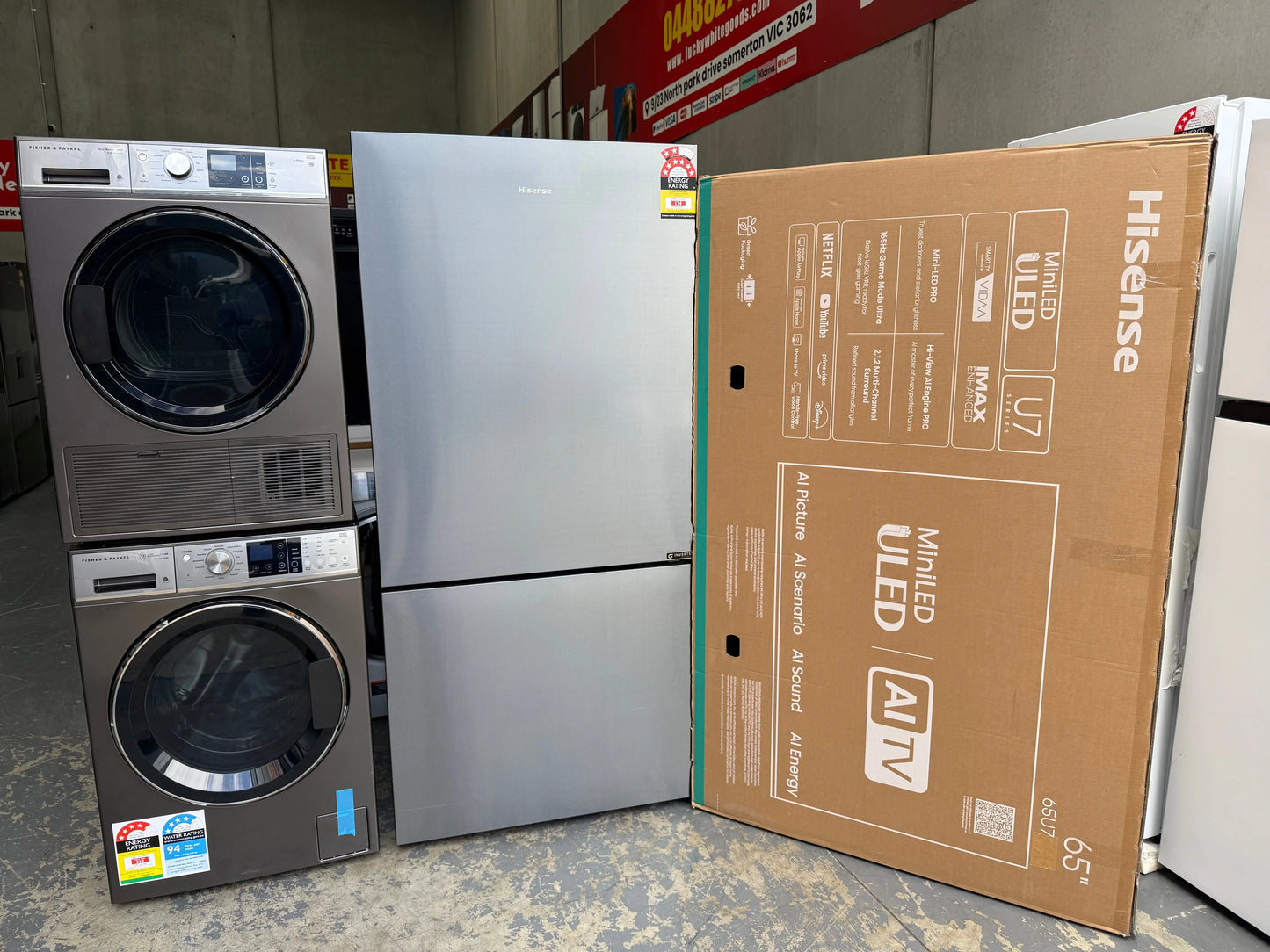 Hisense 503L Bottom Mount Fridge -Fisher & Paykel 11kg Front Load Washer and 9kg dryer -Hisense 65″ 4K Smart TV | MELBOURNE