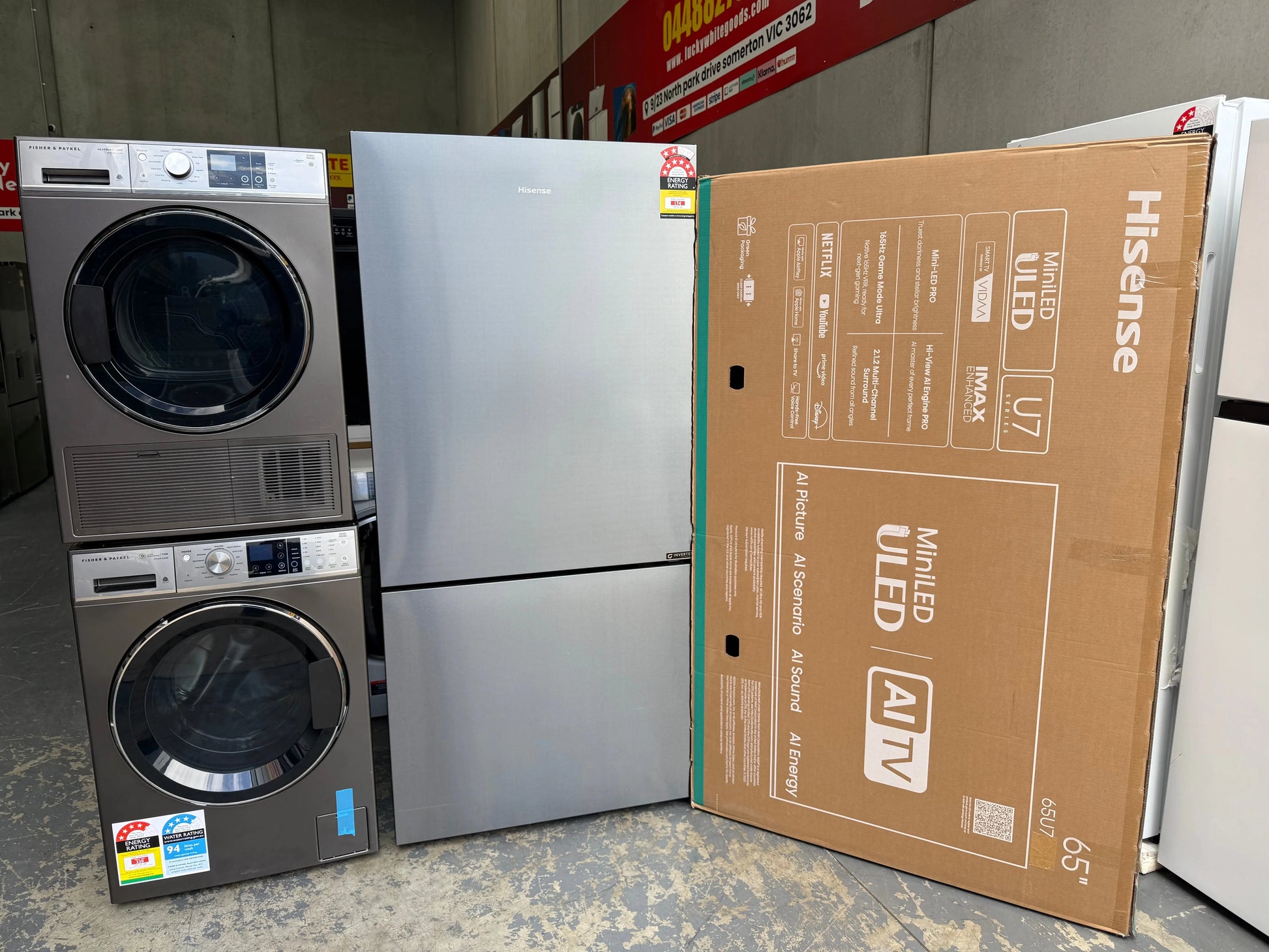 Hisense 503L Bottom Mount Fridge -Fisher & Paykel 11kg Front Load Washer and 9kg dryer -Hisense 65″ 4K Smart TV | MELBOURNE