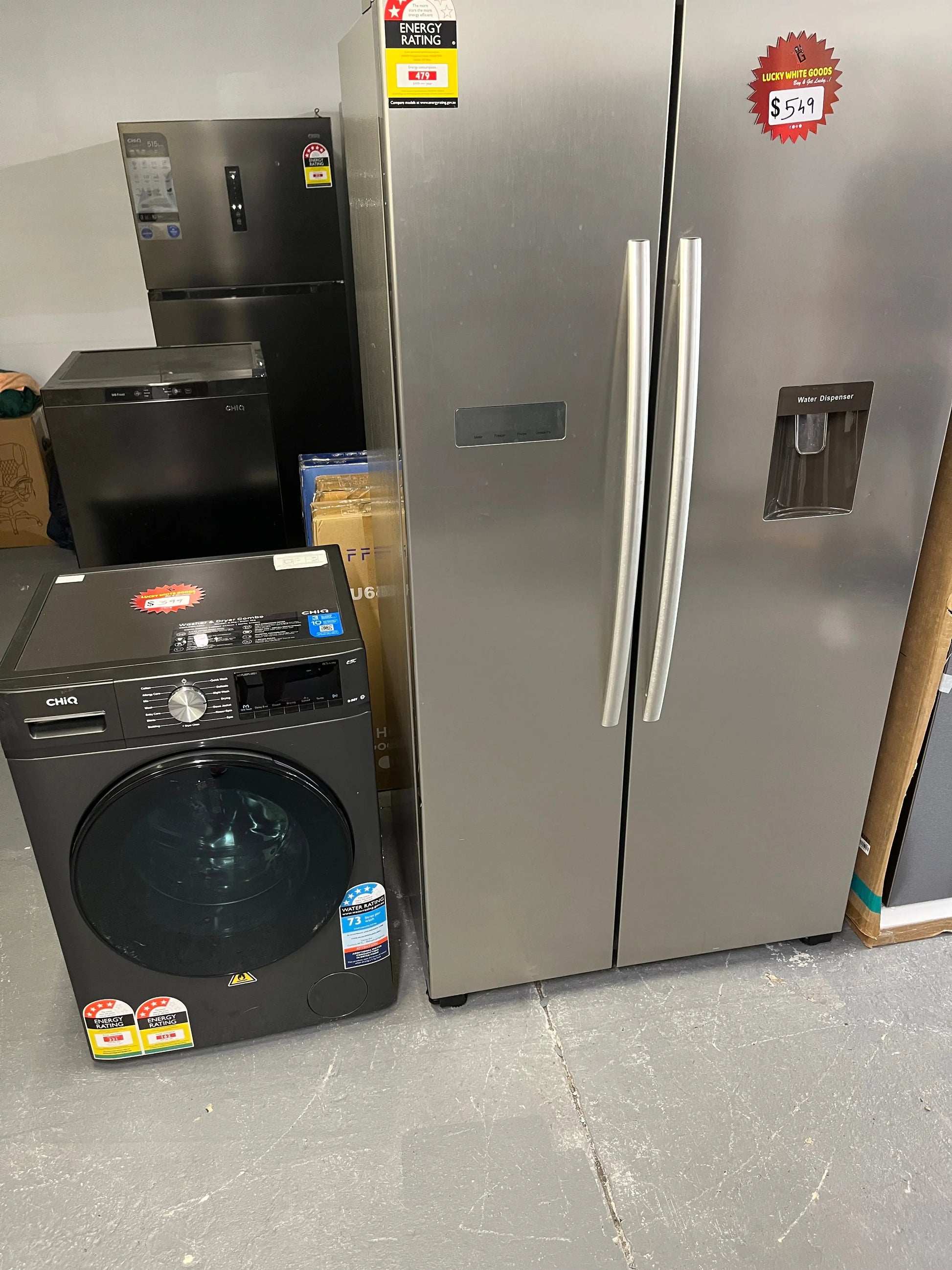 Hisense 578 ltr side by side door fridge freezer and Chiq 8.5 kg front loader washing machine | ALEXANDRIA