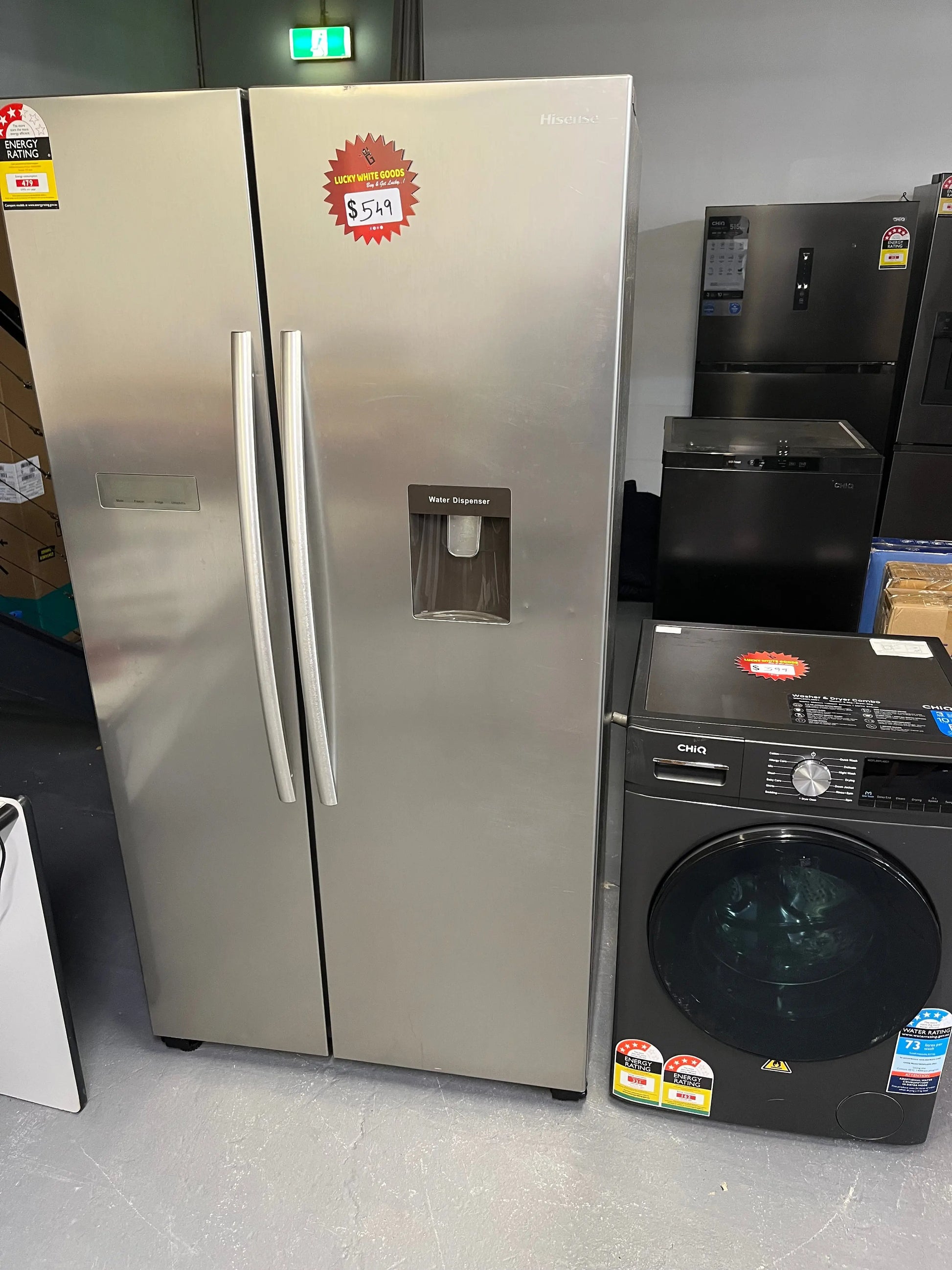 Hisense 578 ltr side by side door fridge freezer and chiq 8.5 kg front loader machine | ALEXANDRIA