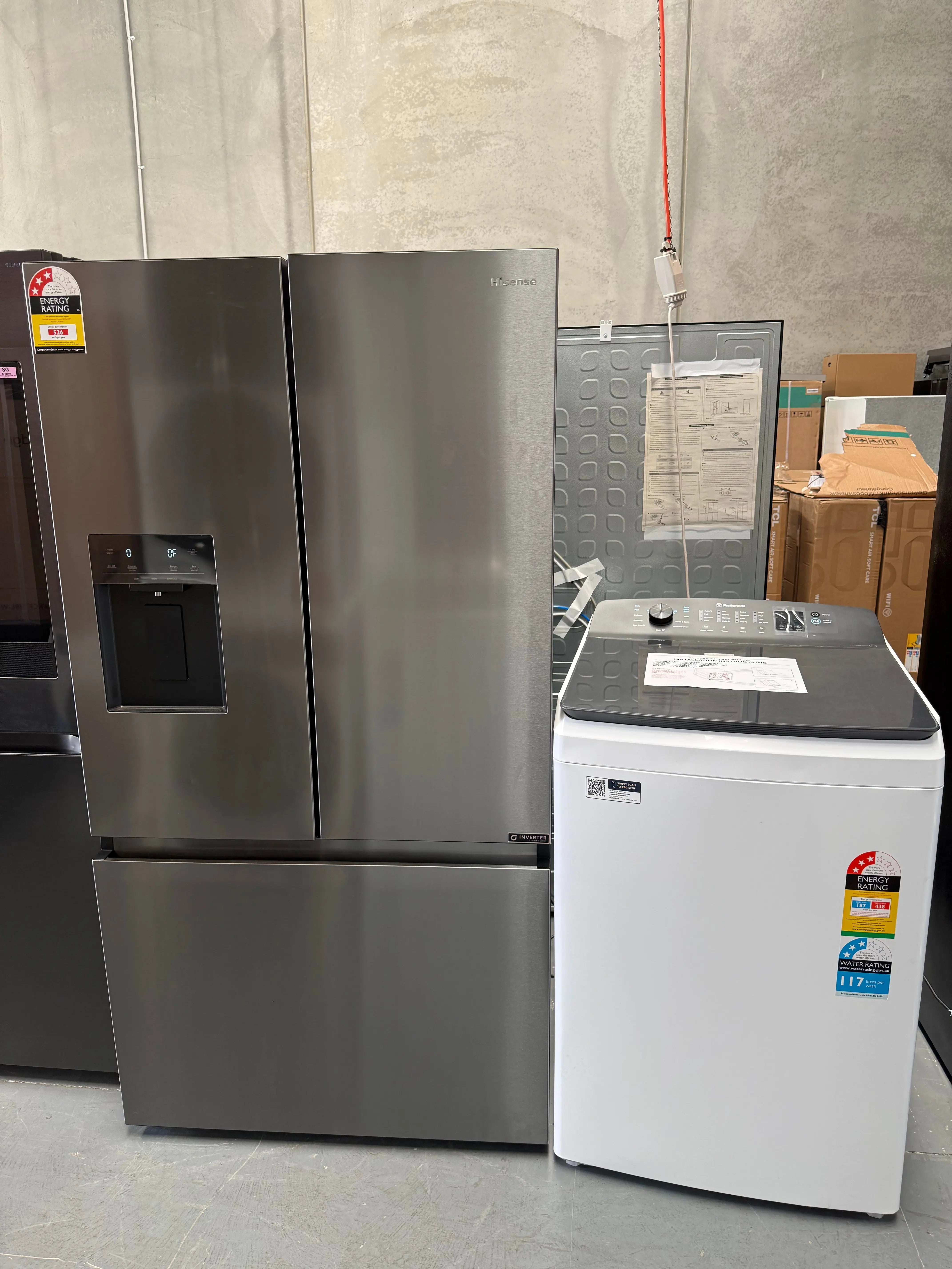 Hisense 634L French Door Fridge HRFD634BW + Westinghouse 8kg Top Load Washing Machine WWT8084J7WA – Factory Seconds | MELBOURNE