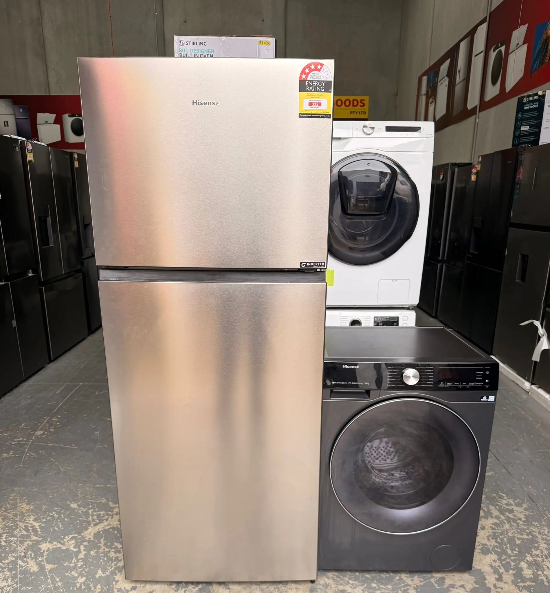 Hisense HRTF424 424L Fridge Freezer (Factory Seconds) + Hisense 10kg Washing Machine HWFS1015AB (Refurbished) Combo | MELBOURNE