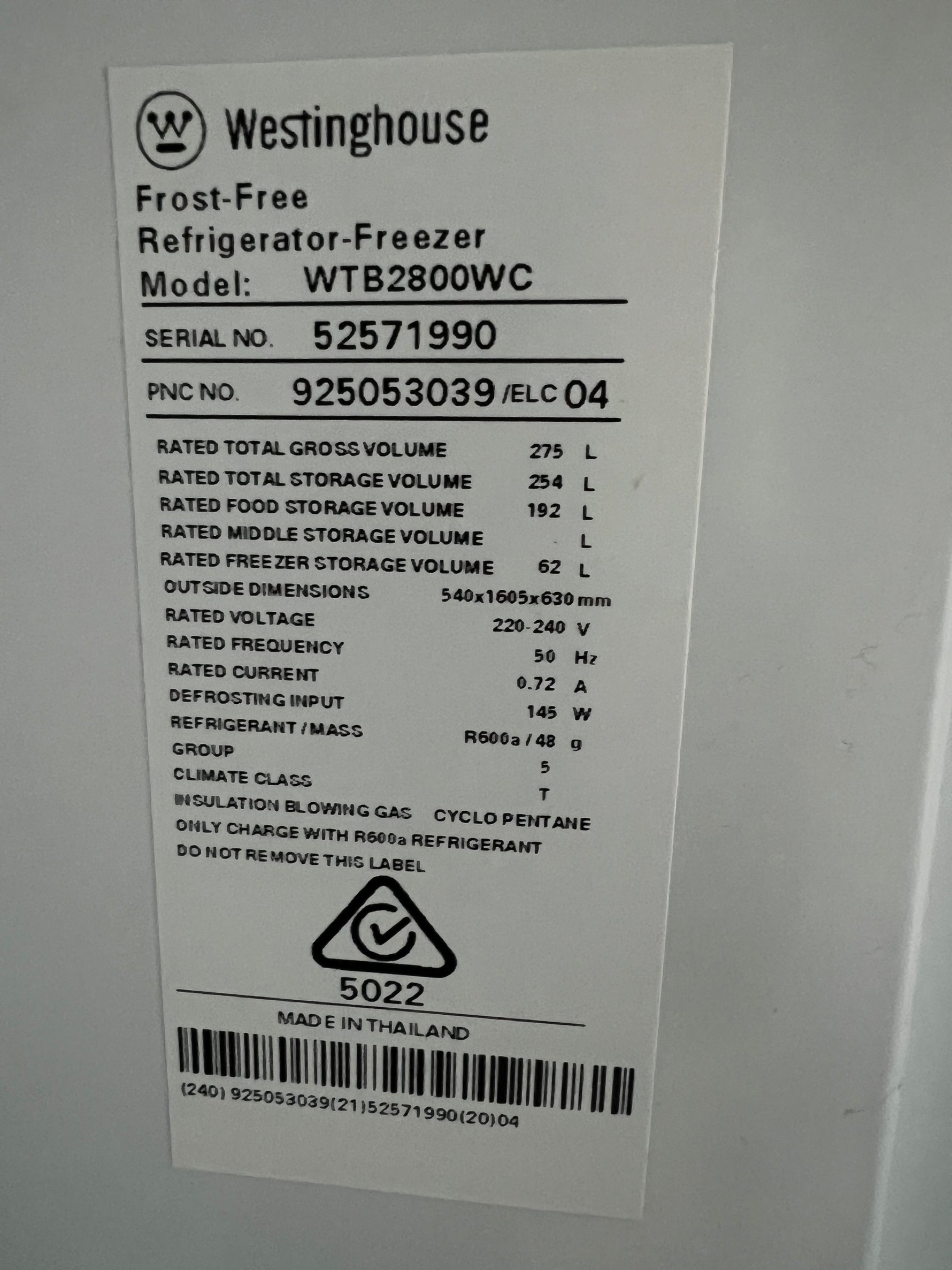 Refurbished Westinghouse 275 Litres Fridge Freezer