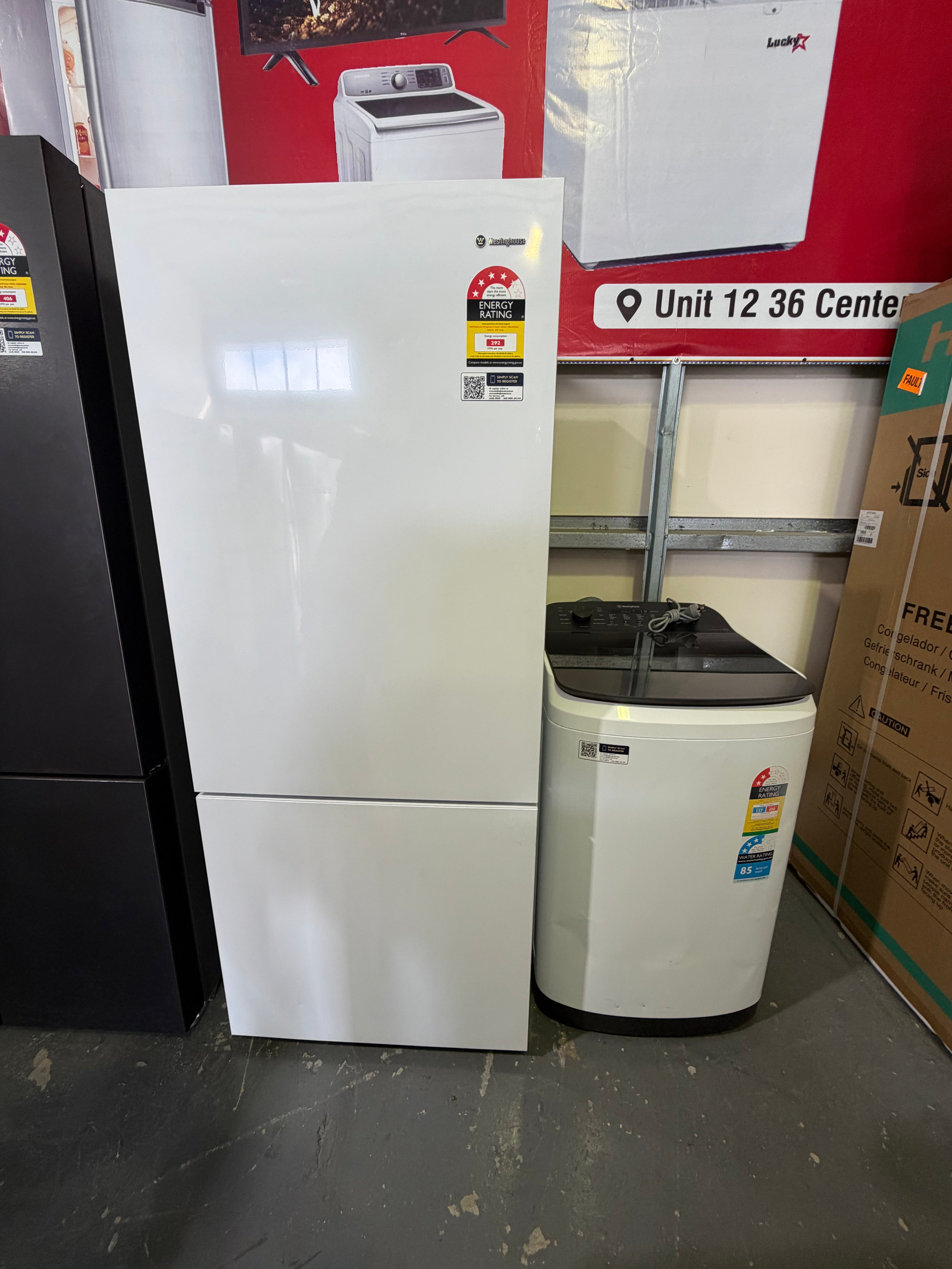 Factory Seconds Westinghouse Fridge & Washer Combo – 425L Bottom Mount Fridge + 7kg Top Load Washer (WBE4302WC + WWT7084J5WA) | BRISBANE