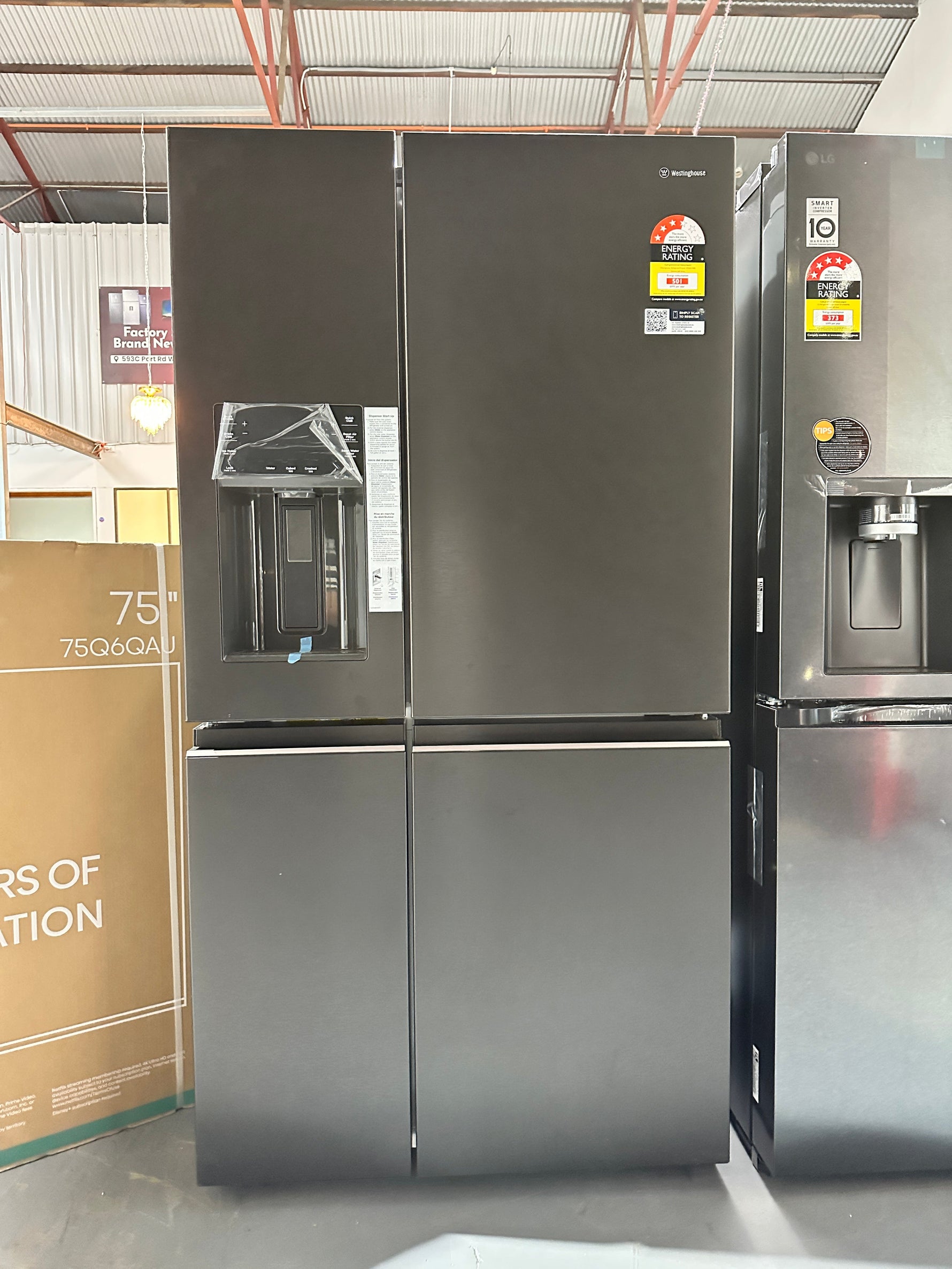 Westinghouse 609L Quad Door Fridge Freezer with Plumbed Ice & Water + Hisense 75” Q6QAU QLED Smart TV – Factory Seconds / Factory Refurbished | ADELAIDE