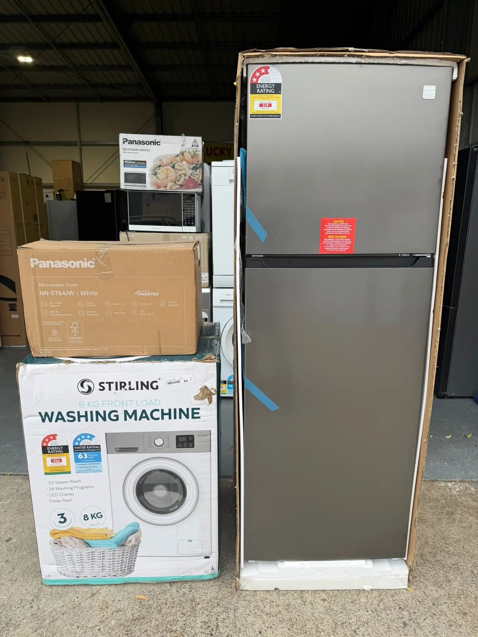 Kenmore 334L Fridge Freezer + Stirling 8kg Washing Machine + Panasonic 32L Microwave Combo | BRISBANE