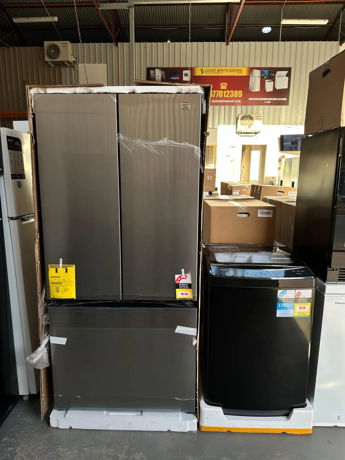 Kenmore 508L French Door Fridge Freezer + CHiQ 8kg Top Load Washing Machine – Brand New Warranty Package