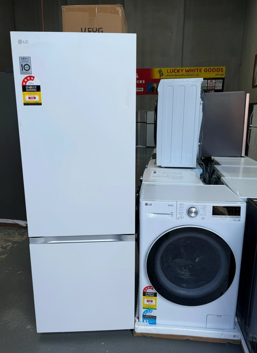 LG 335L Bottom Mount Fridge + LG 8kg Front Load Washer – Factory Seconds Combo | GB-B300MWH & WV5-1208W | MELBOURNE