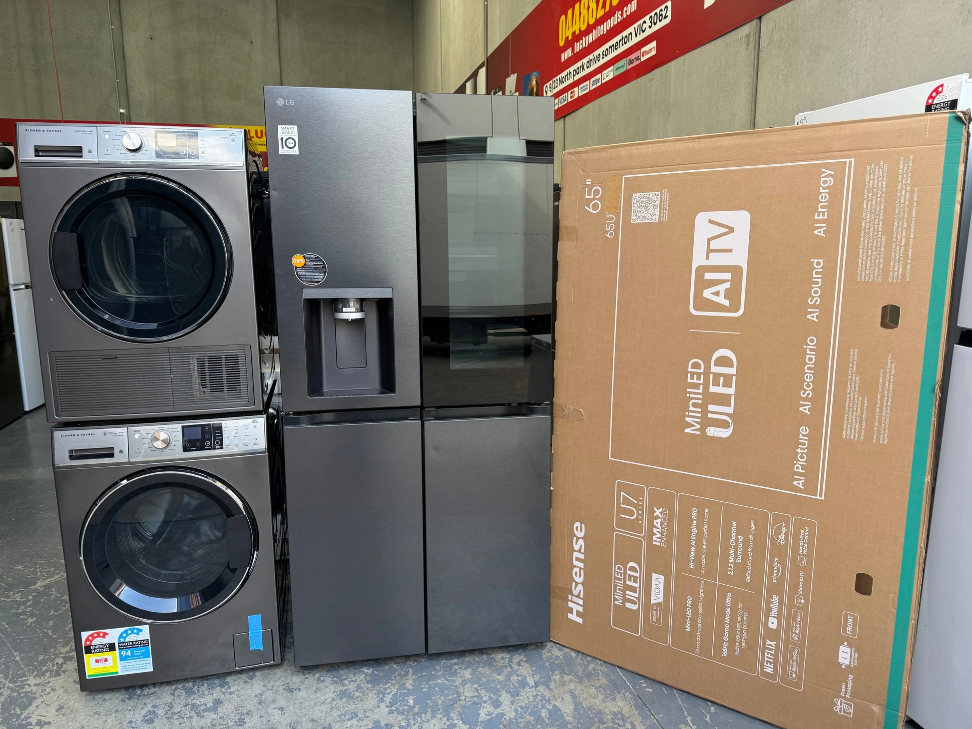 LG 500L French Door Fridge – 
Fisher & Paykel 11kg Front Load Washer and 9kg dryer -Hisense 65″ 4K Smart TV | MELBOURNE
