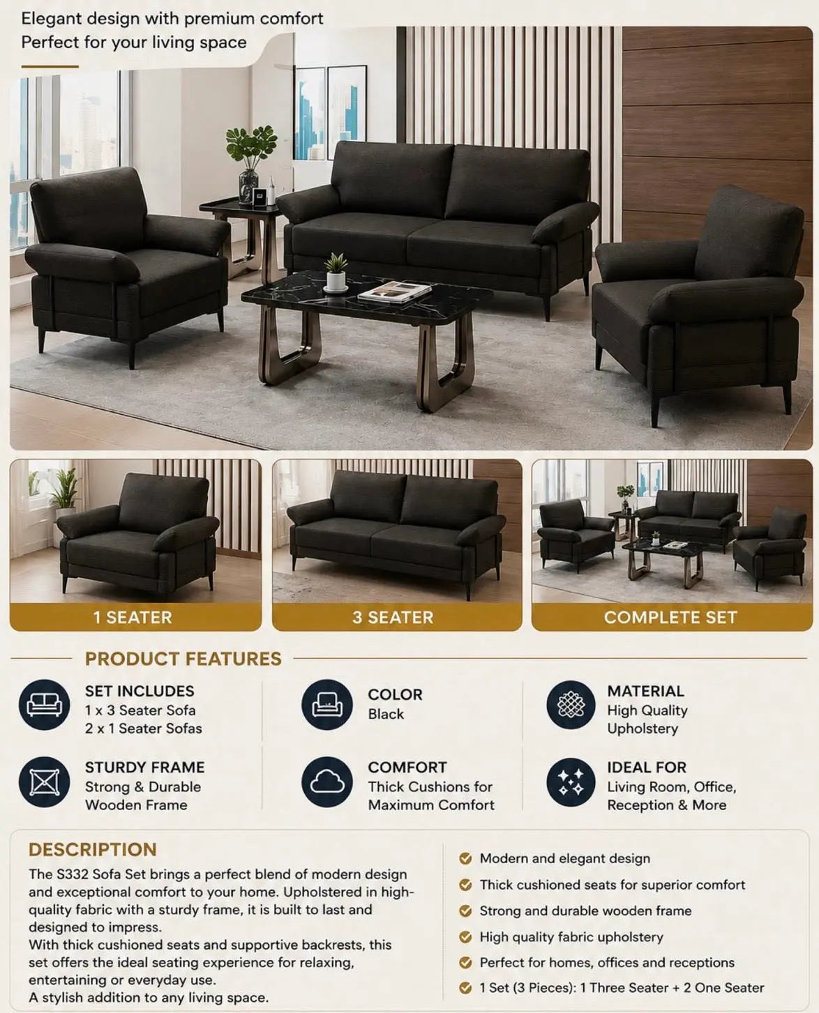 Modern 3-Piece Black Sofa Set | ADELAIDE