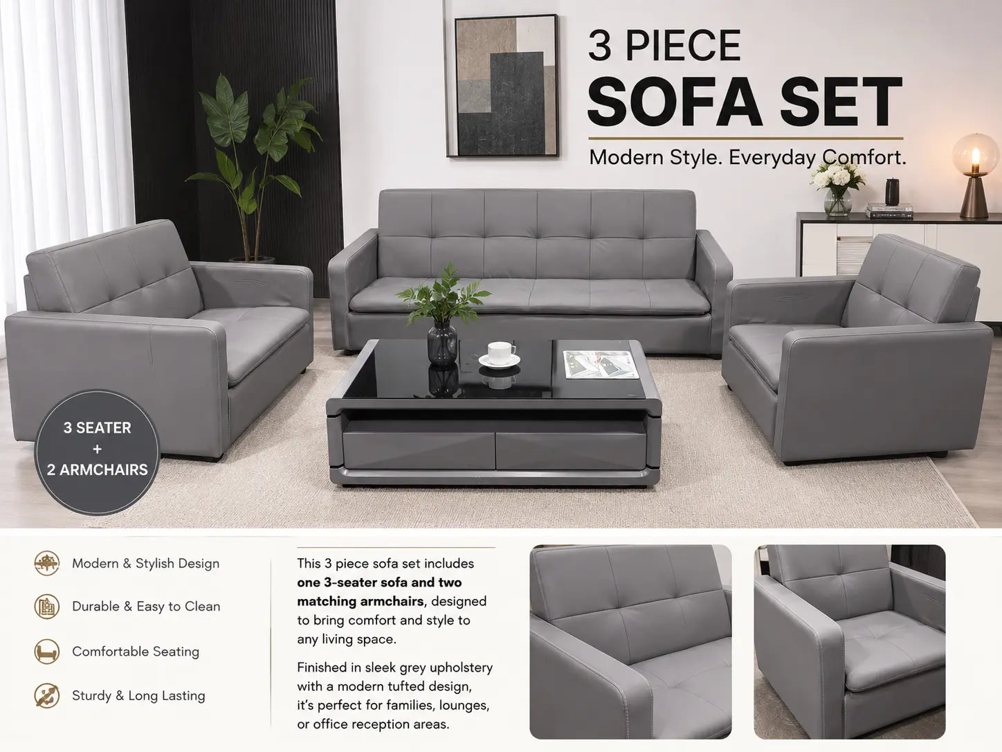 Modern Grey 3-Piece Sofa Set (3 Seater + 2 Armchairs) | MELBOURNE