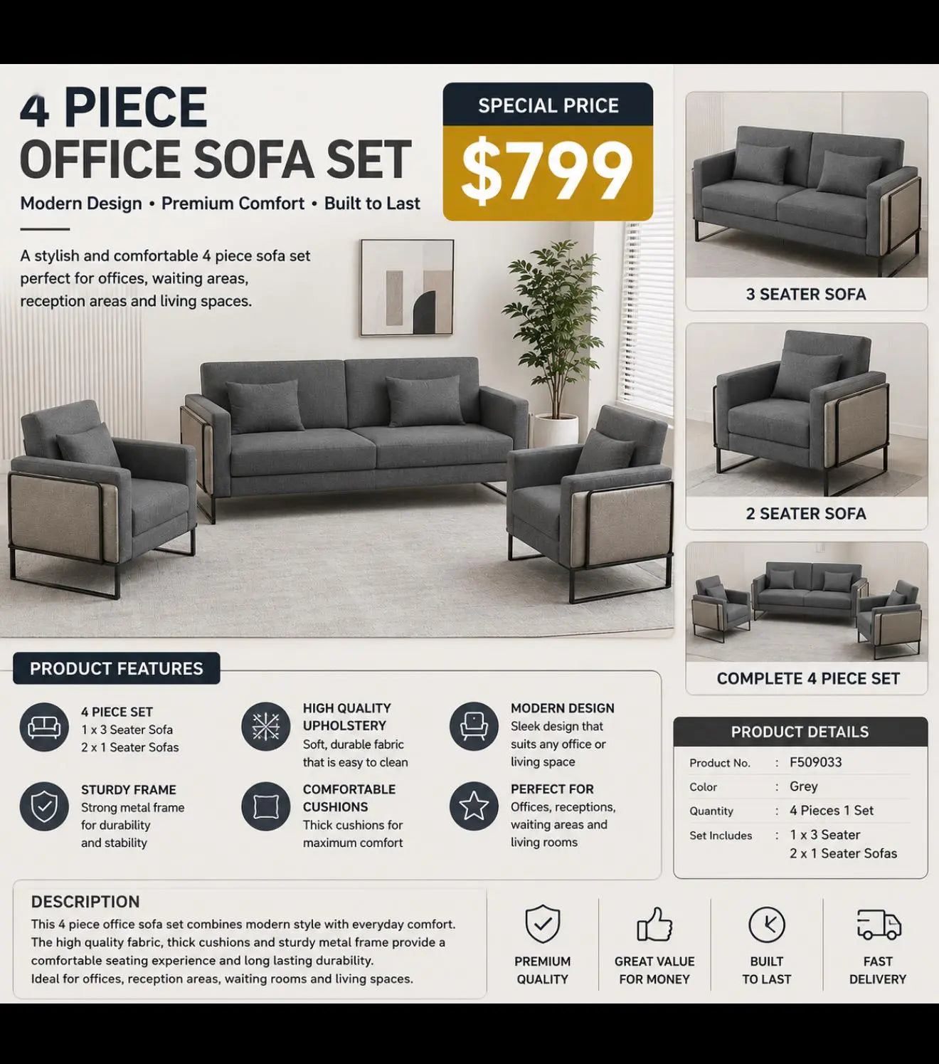 Modern Grey Office Sofa Set | ADELAIDE