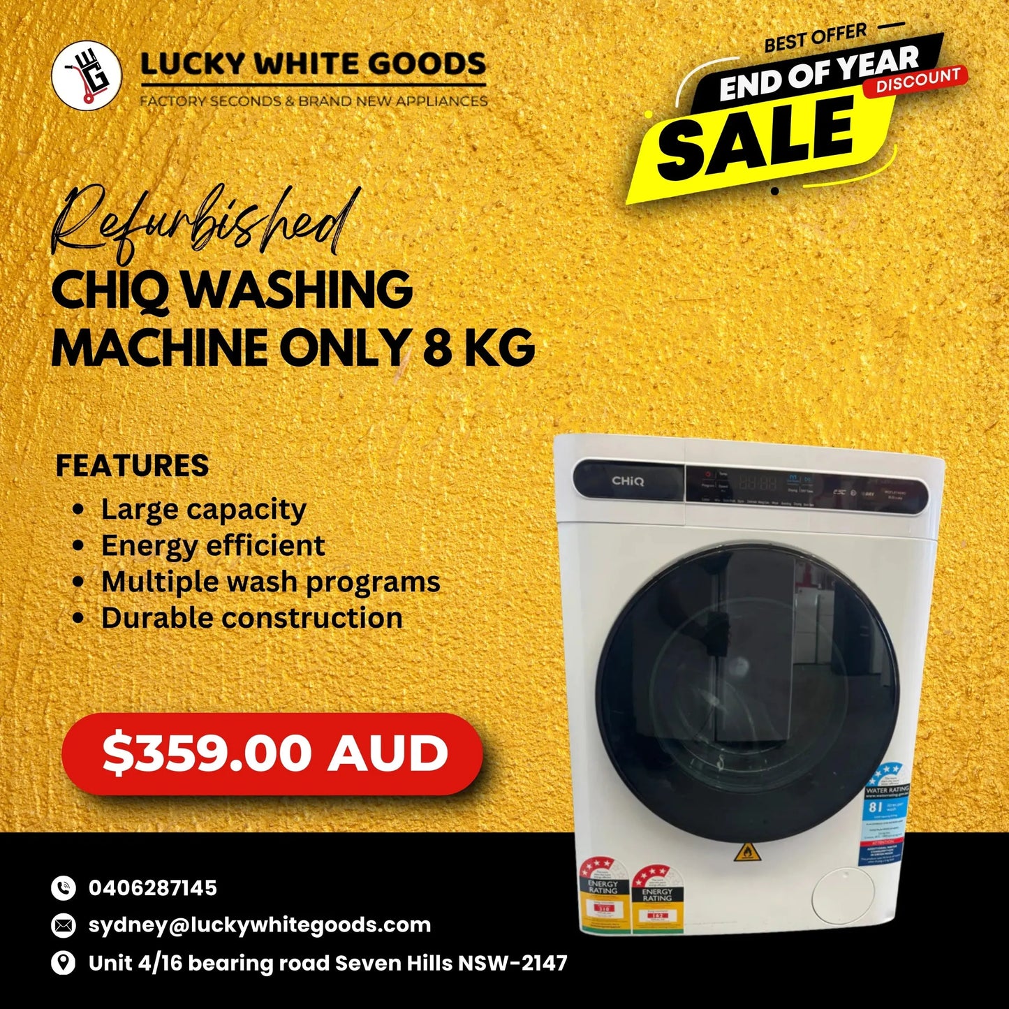 Refurbished CHIQ Washing Machine only 8 KG | SYDNEY