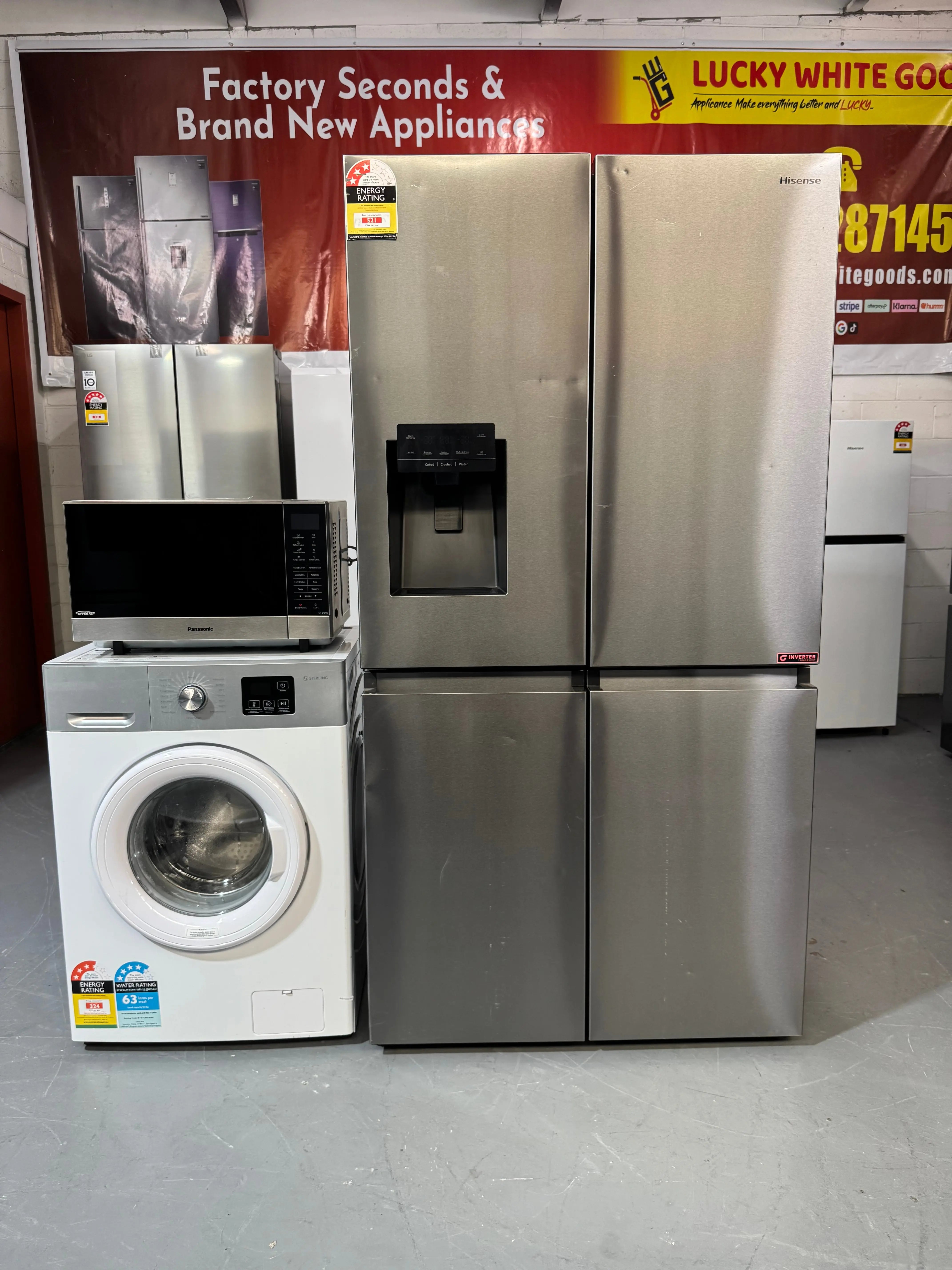 Refurbished Combo Hisense 585L French Door Fridge Freezer and Stirling 8kg Front loader and Panasonic Microwave | SYDNEY