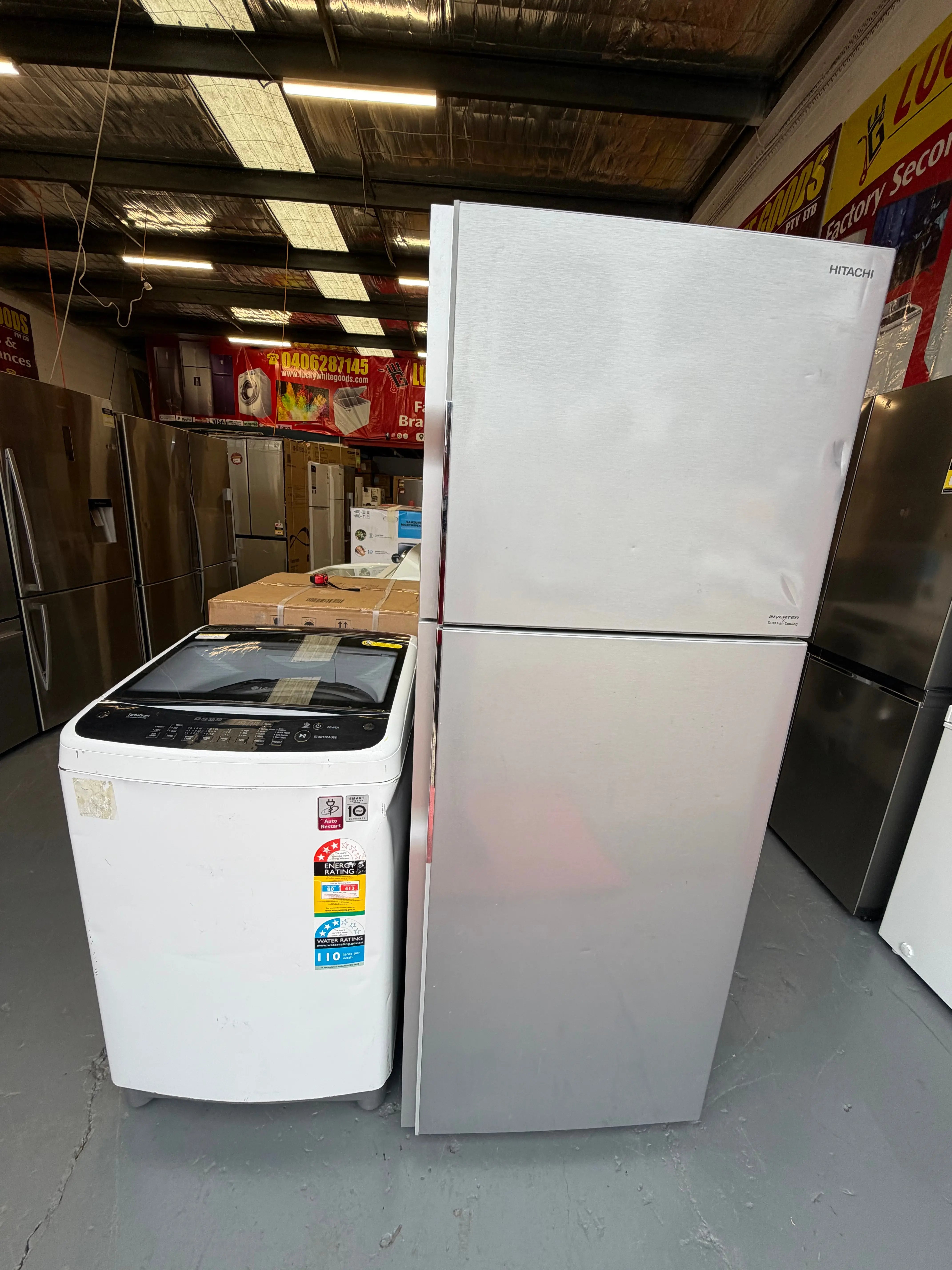 Refurbished Combo Hitachi 415 ltr Top mount fridge freezer & Lg 7 kg Top loader washer