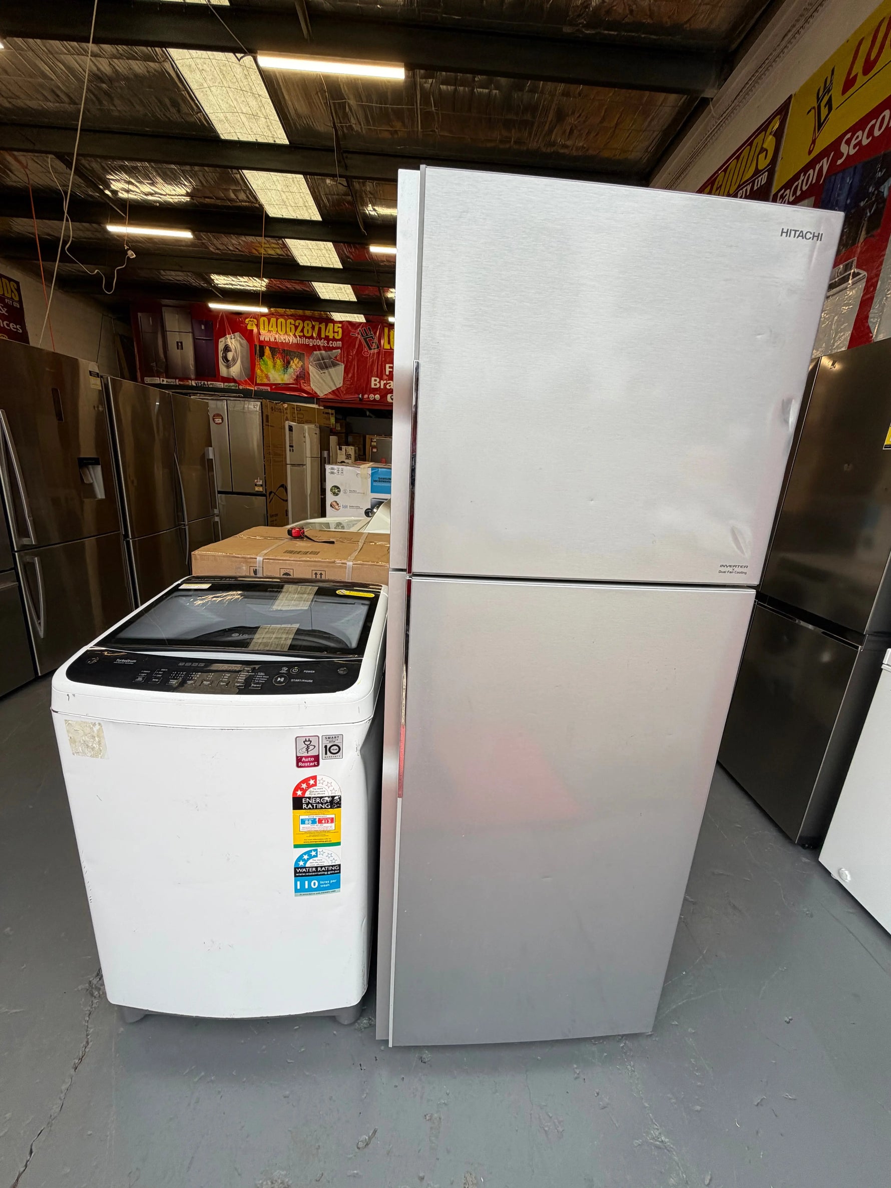Refurbished Combo Hitachi 415 ltr Top mount fridge freezer & Lg 7 kg Top loader washer