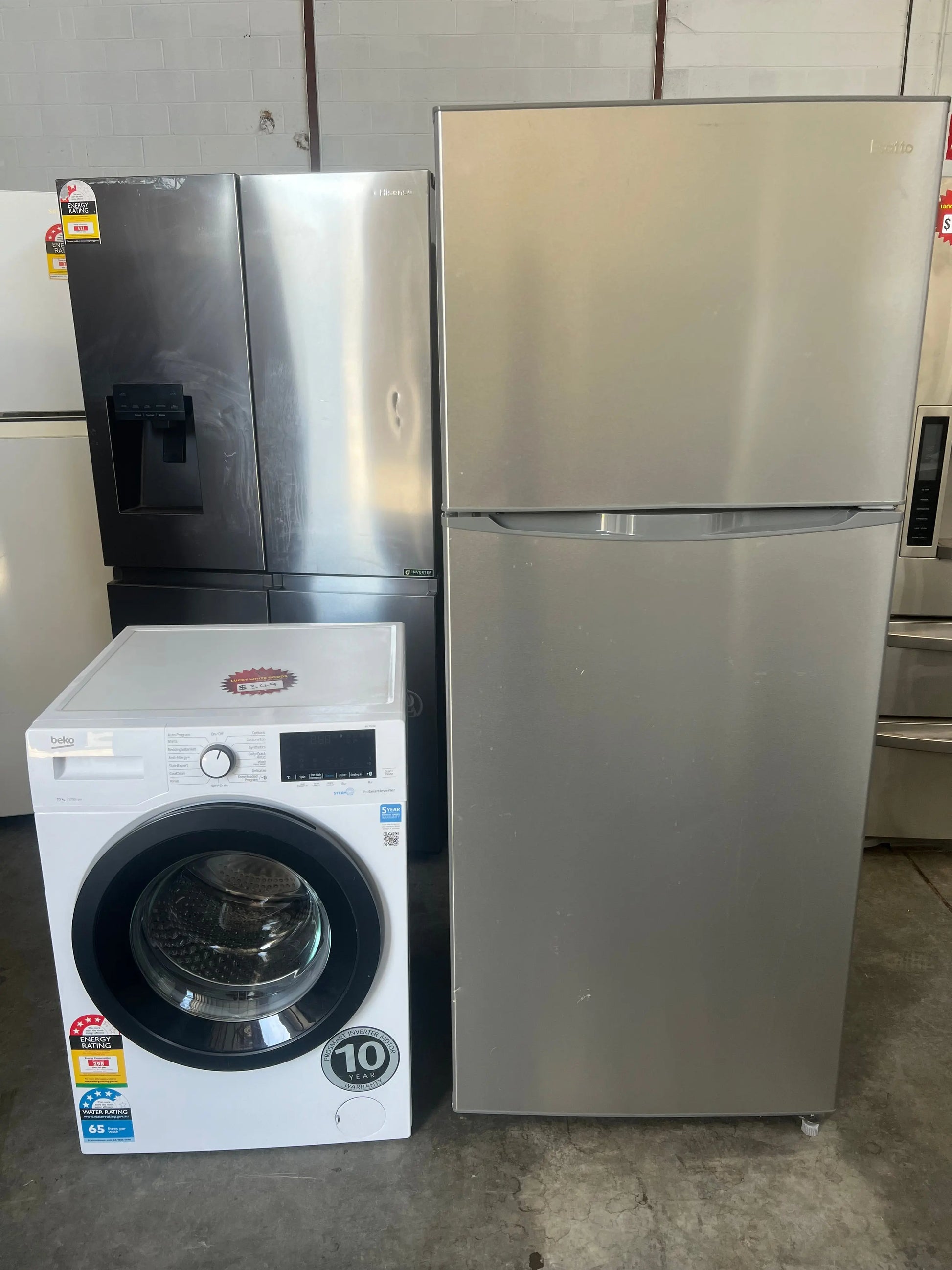 Refurbished Esatto 400L fridge freezer and Beko 7.5kg washing machine | Lucky white goods