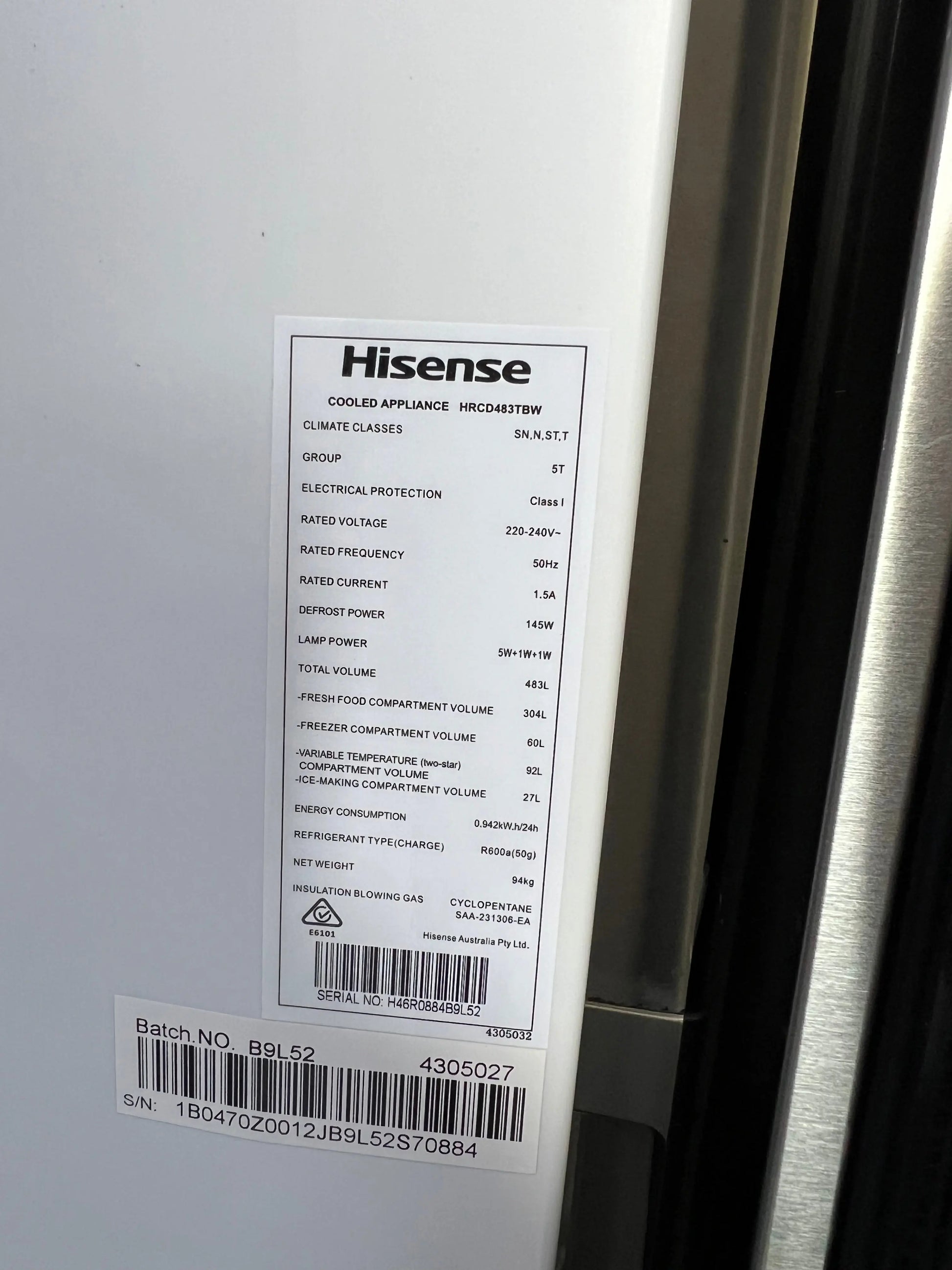 Refurbished Hisense 483 litres fridge freezer | ADELAIDE