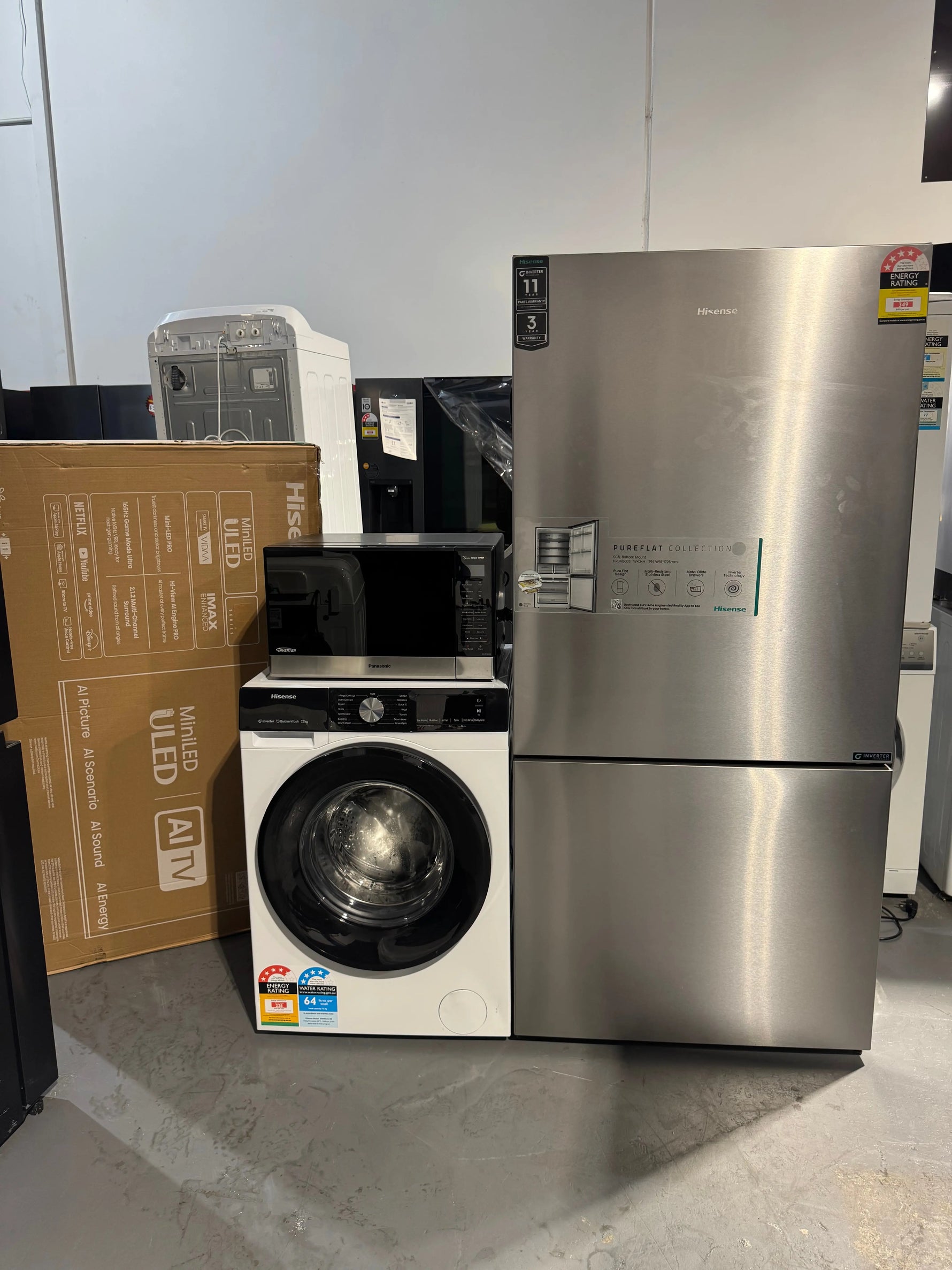 Refurbished Hisense 503 litres fridge freezer Hisense 7.5kg washer Hisense 55 inches TV, Panasonic 32 litres microwave | PERTH