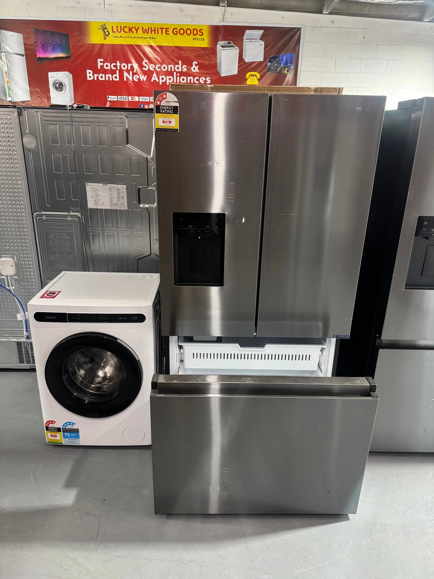 Refurbished Hisense 634L French Door Fridge with Plumbed Water Black Stainless Steel HRFD634BW And CHIQ 8kg Washing Machine Combo | SYDNEY