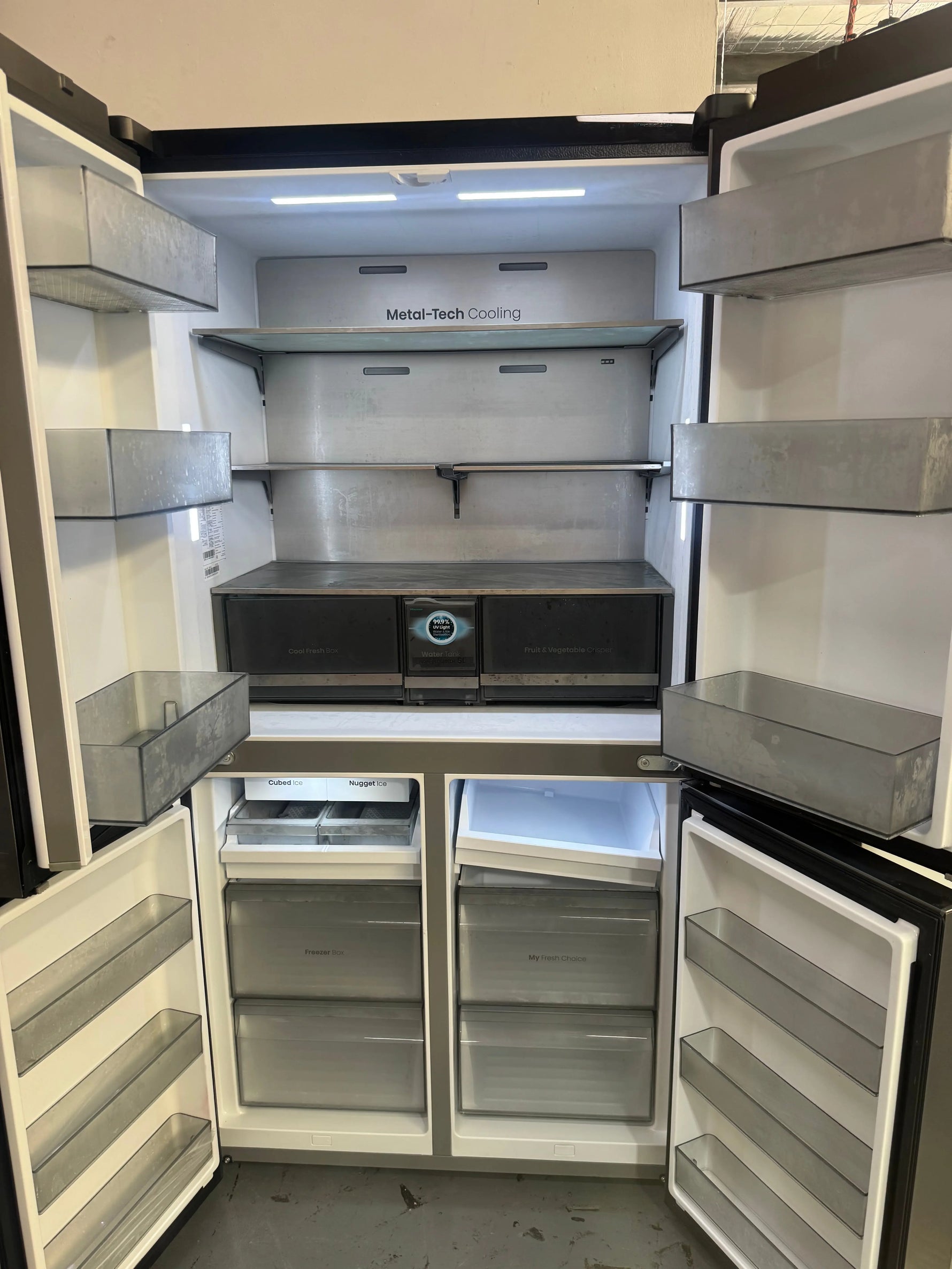 Refurbished Hisense 640L PureFlex Quad Door Refrigerator with Non-Plumbed Ice and Water Dispenser Dark Stainless Steel HRCD640TBW | SYDNEY