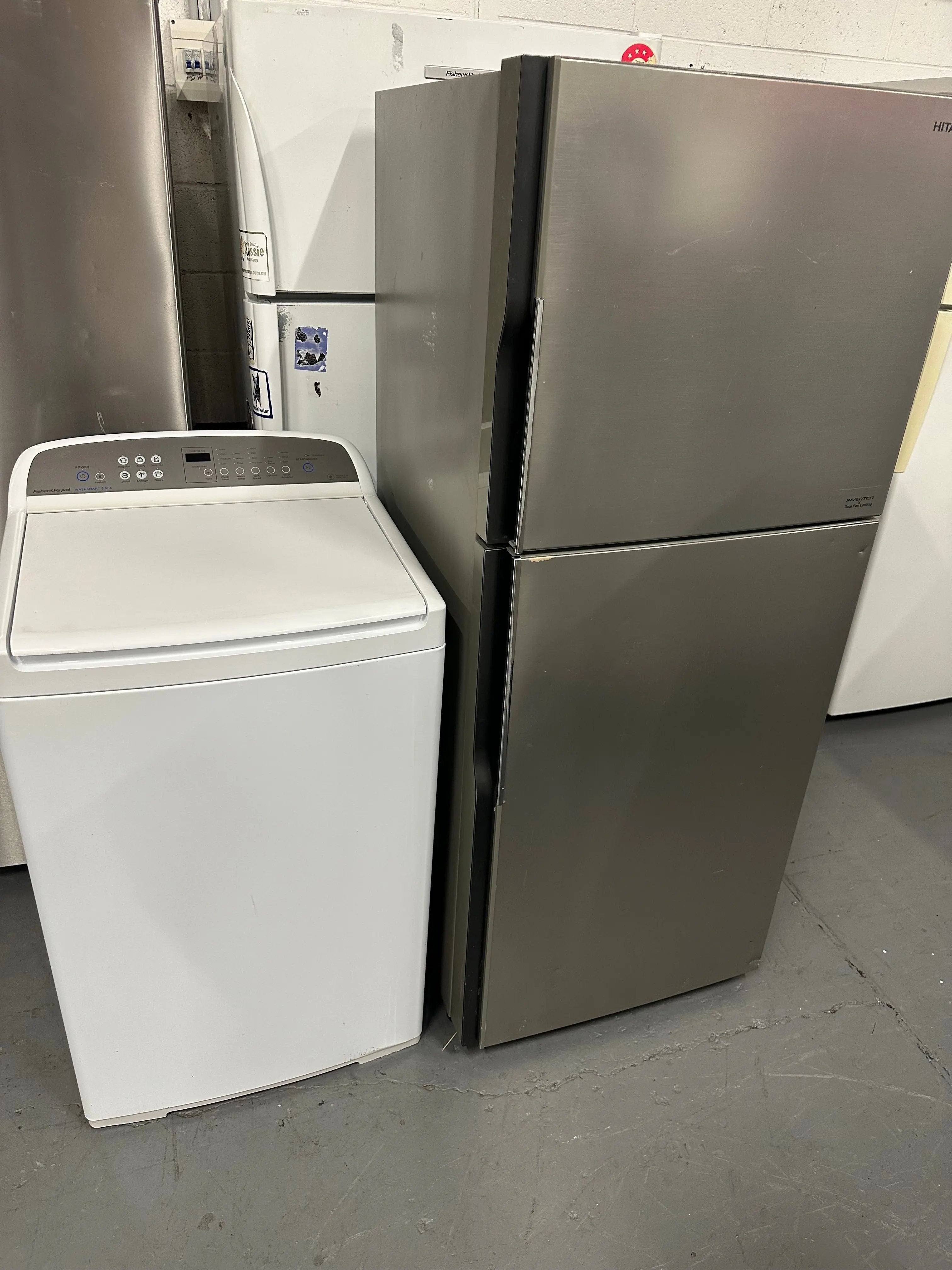 Refurbished Hitchi 335 ltr top mount fridge freezer and Fisher & Paykel 8.5 kg top loader washer | SYDNEY