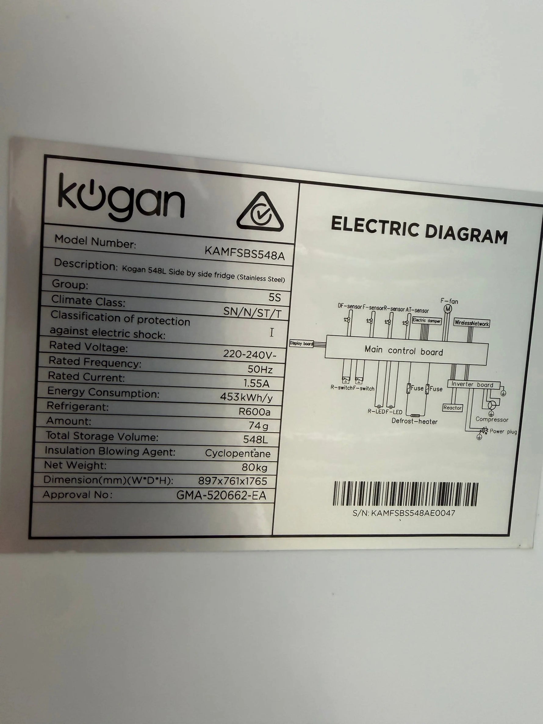 Refurbished Kogan 548L Side by Side Fridge – Stainless Steel | KAMFSBS548A | BRISBANE