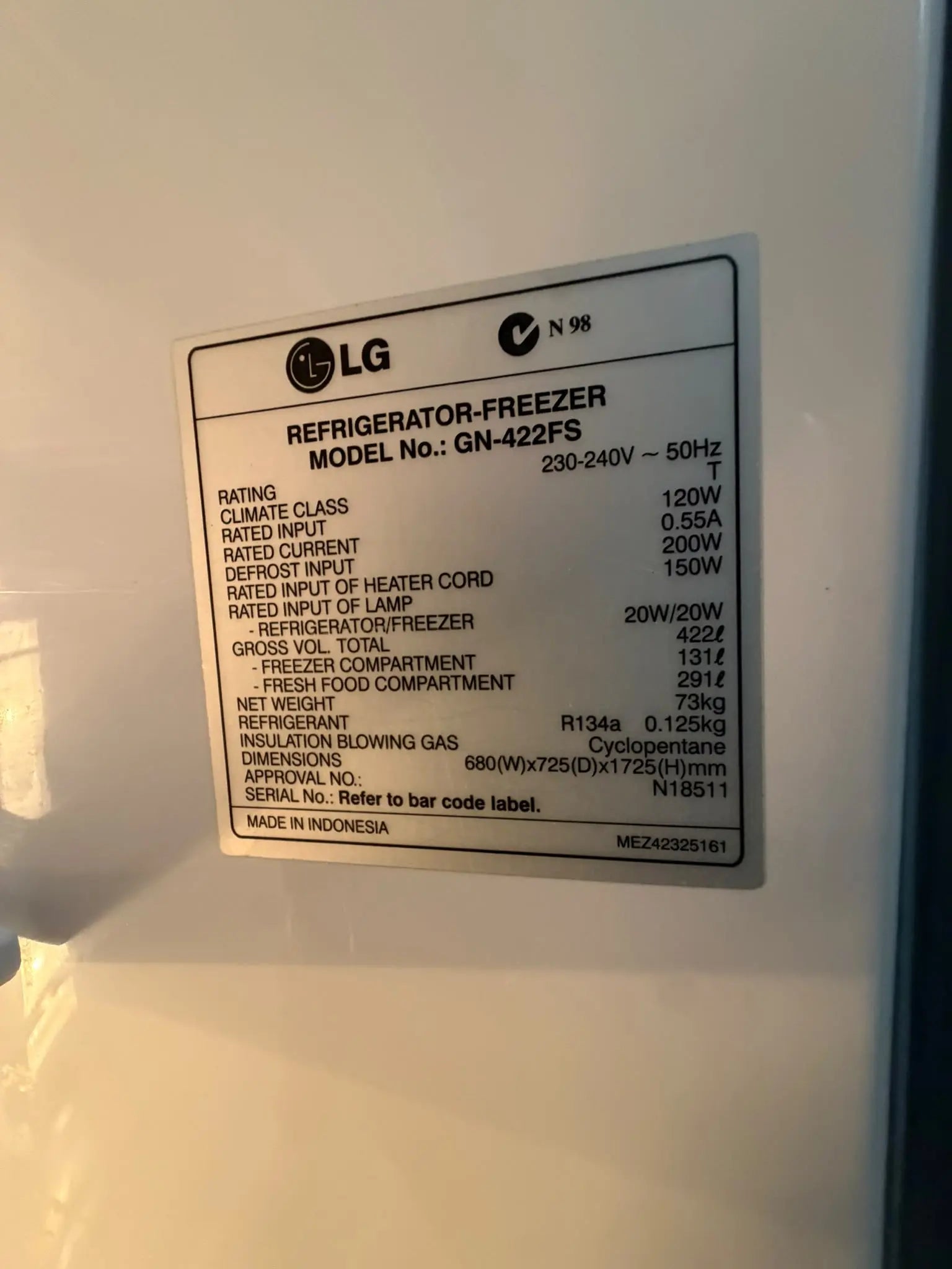 Refurbished LG 422L Fridge Freezer | BRISBANE