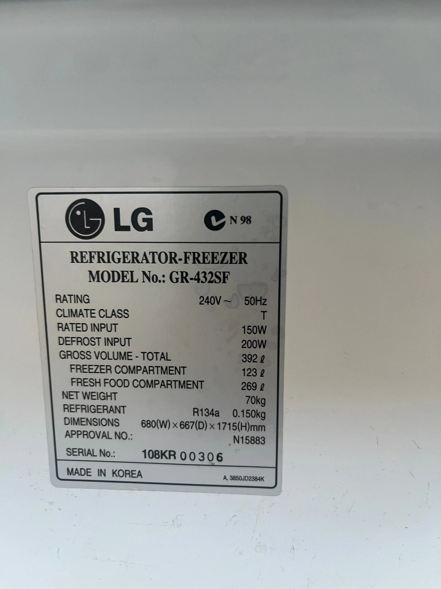 Refurbished LG REFRIGERATOR-FREEZER capacity 392L
MODEL No.: GR-432SF | ADELAIDE