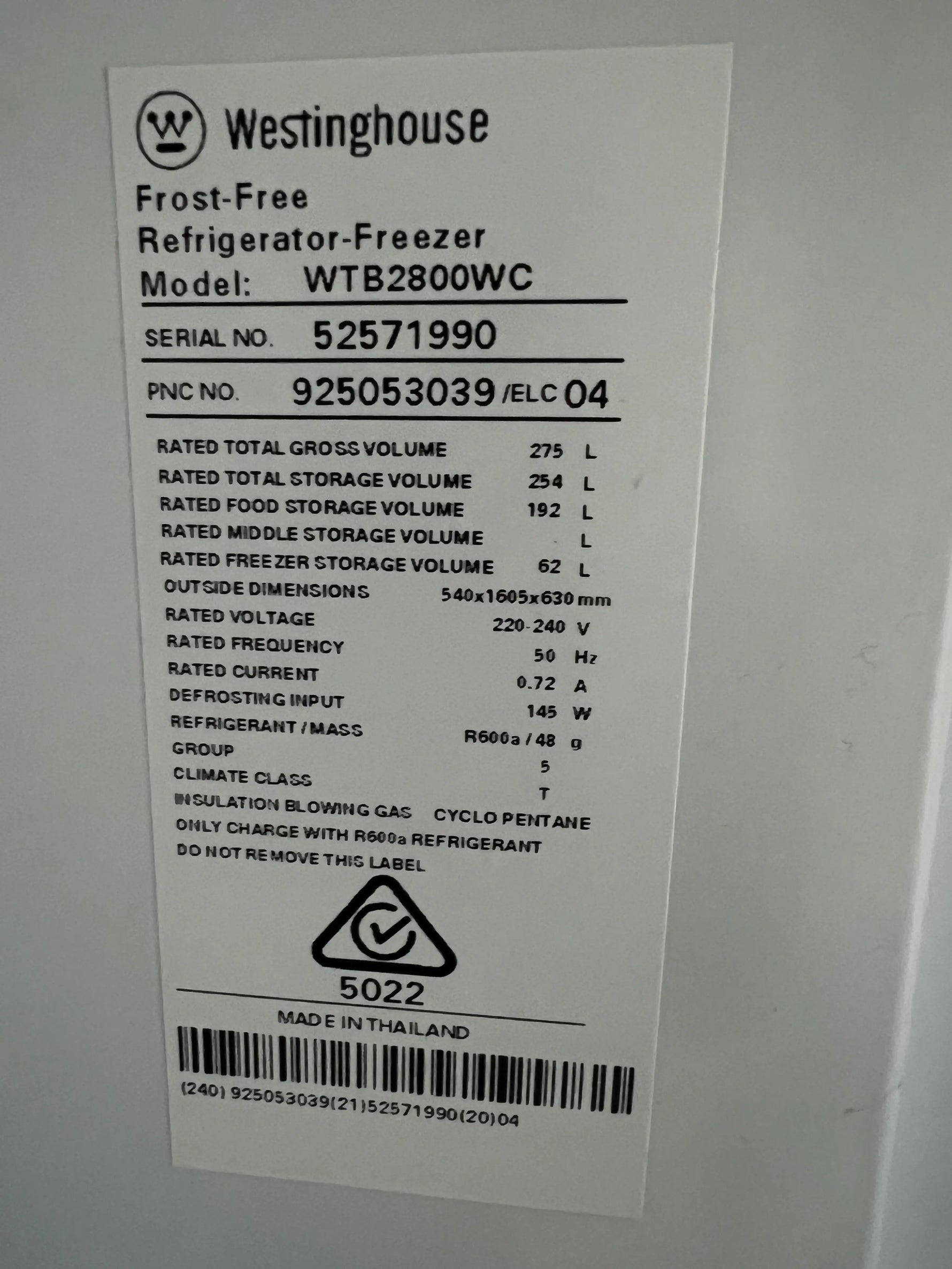 Refurbished Westinghouse 275 Litres Fridge Freezer | ADELAIDE