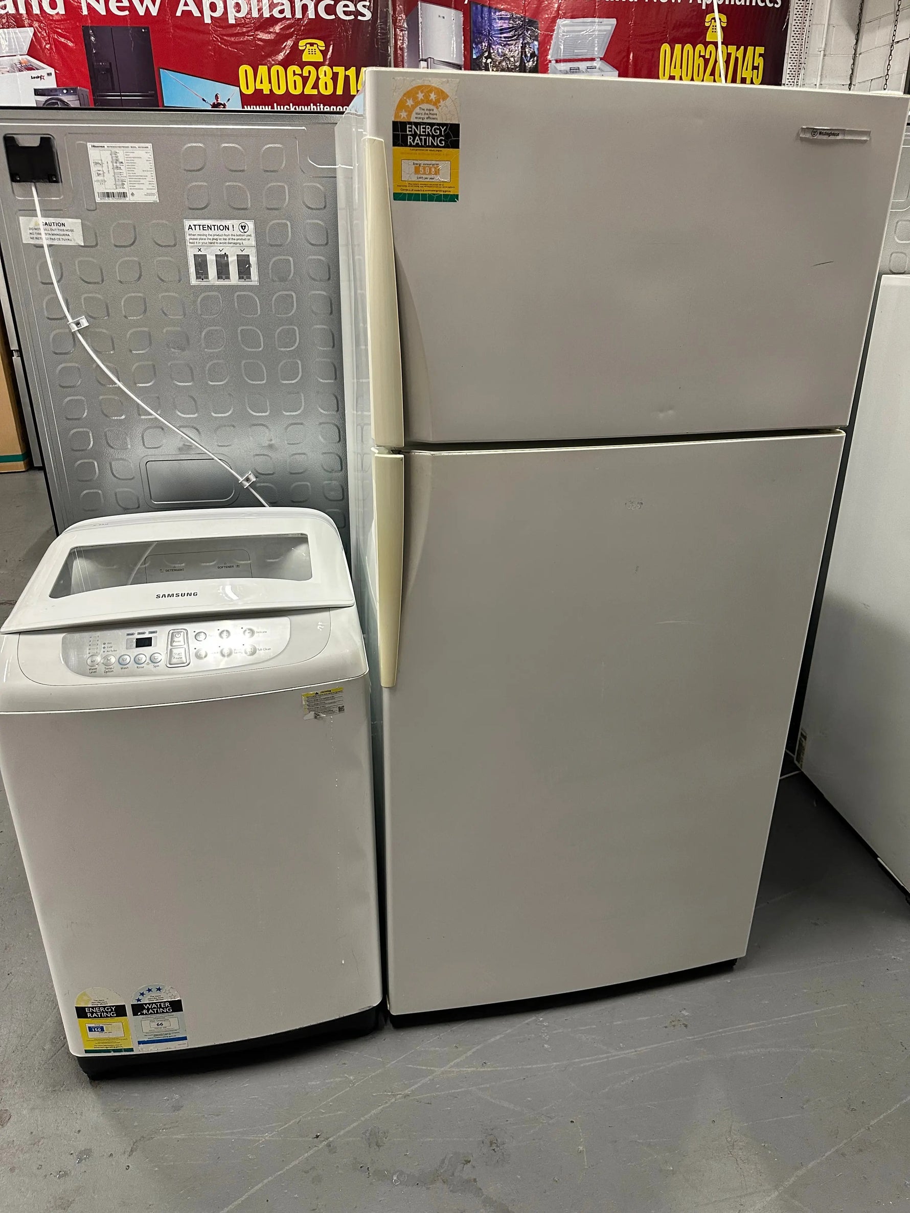 Refurbished Westinghouse 520 ltr top mount fridge freezer & Samsung 6.5 kg top loader washer | SYDNEY