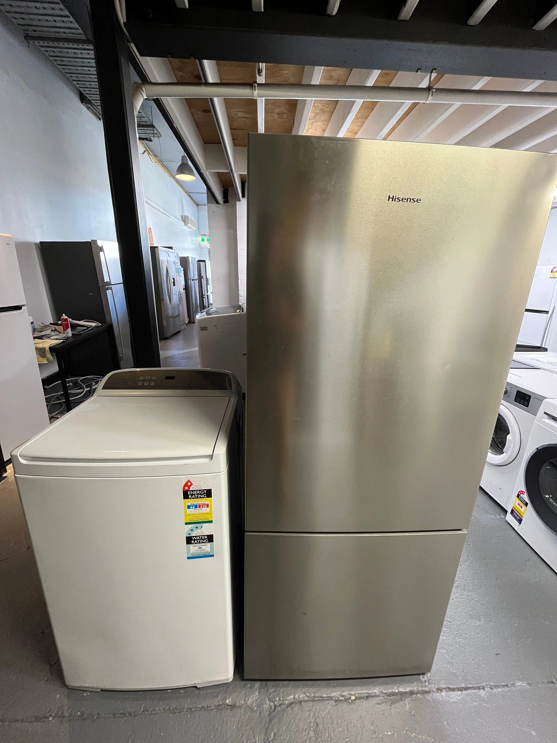Refurbished combo Hisense 417 ltr bottom mount fridge freezer & Fisher & Paykel 7 kg top loader washer | ALEXANDRIA
