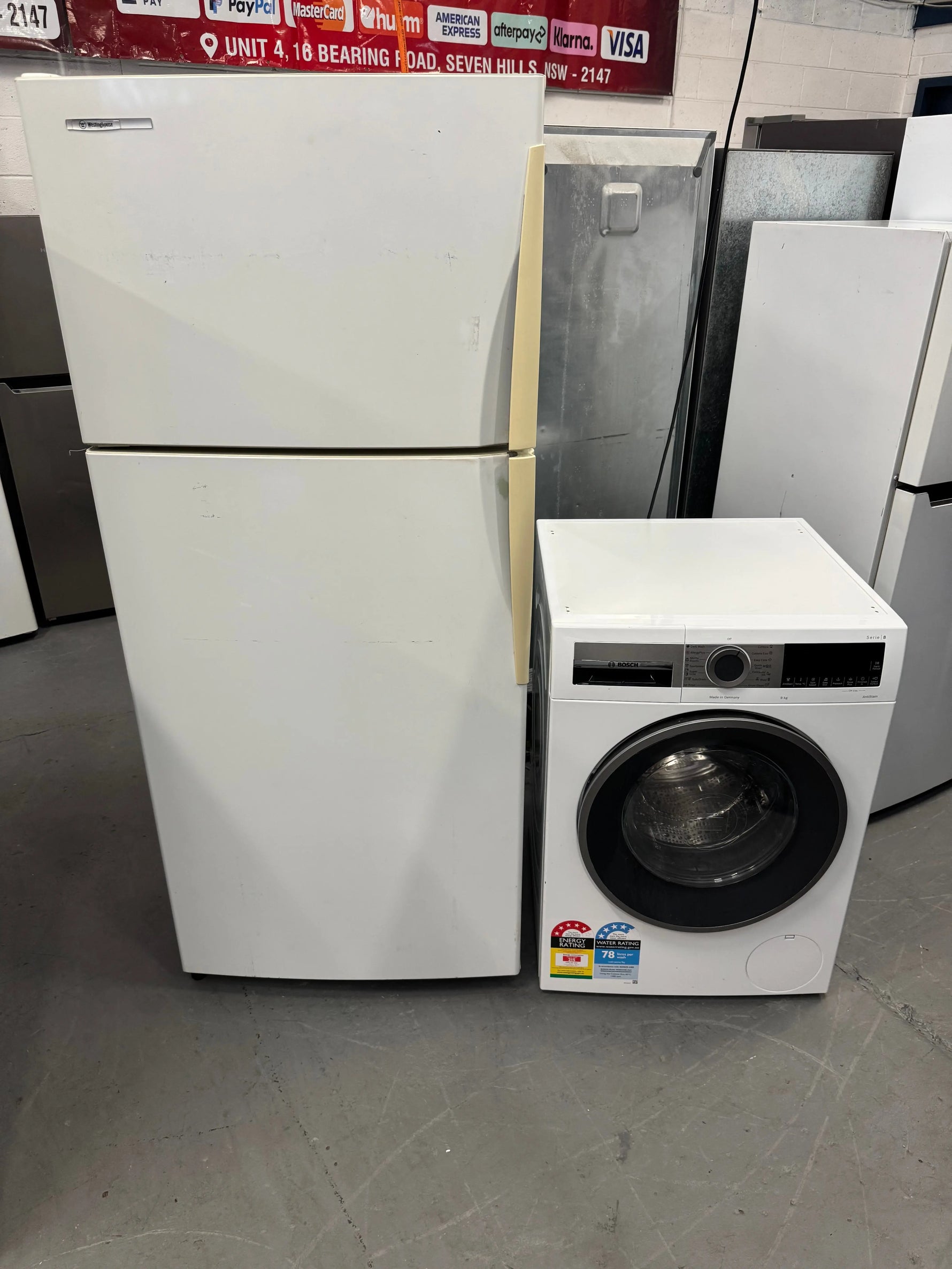 Refurbished combo Westinghouse 420 ltr fridge freezer & Bosch 8 kg front loader washer | SYDNEY