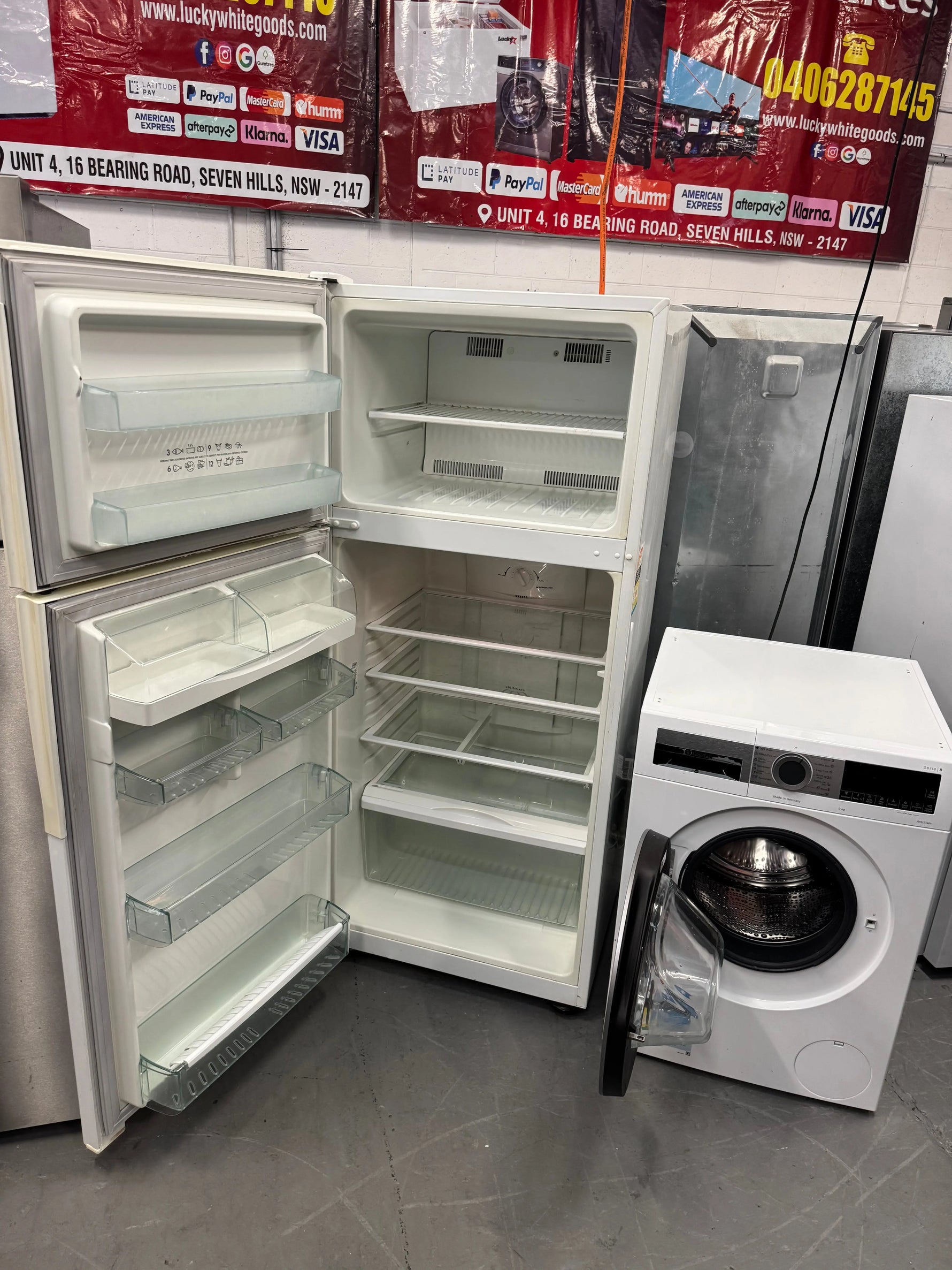 Refurbished combo Westinghouse 420 ltr fridge freezer & Bosch 8 kg front loader washer | SYDNEY