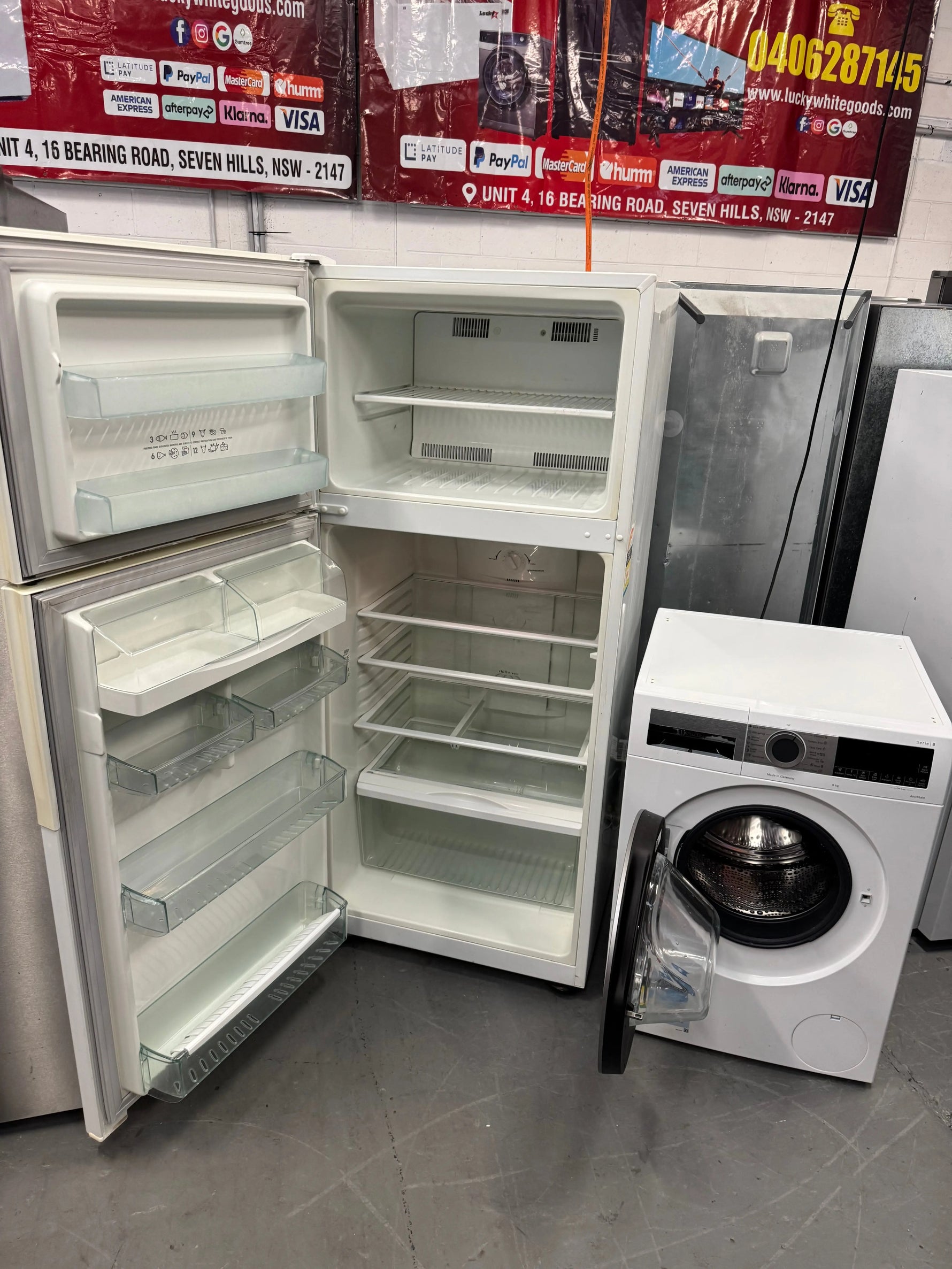 Refurbished combo Westinghouse 420 ltr fridge freezer & Bosch 8 kg front loader washer | SYDNEY