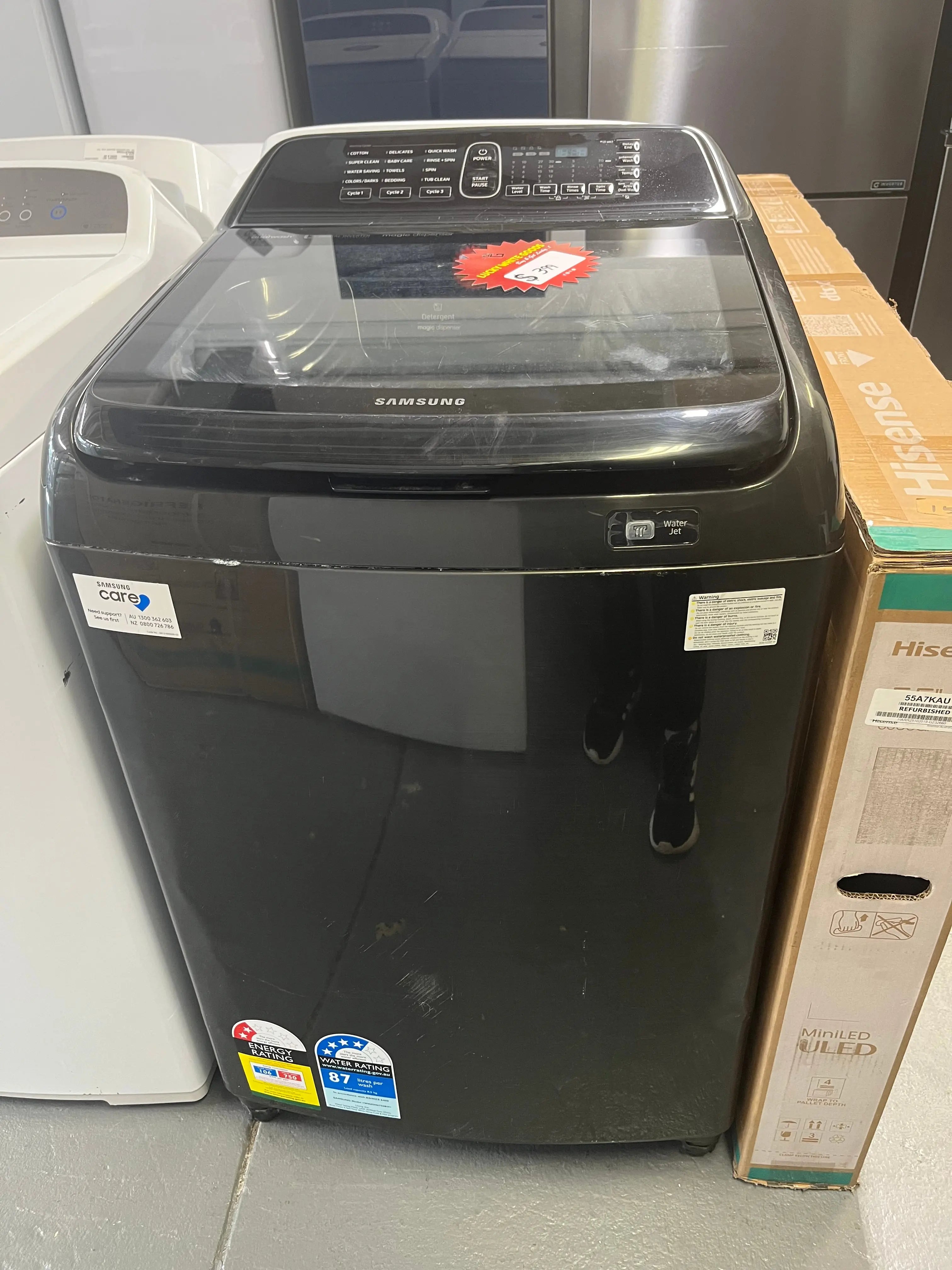 RefurbishedSamsung WA85N6750BV 8.5kg Top Load Washing Machine – 8.5 kg Activ DualWash™ Top Loader, 720 RPM, Black Stainless | ALEXANDRIA