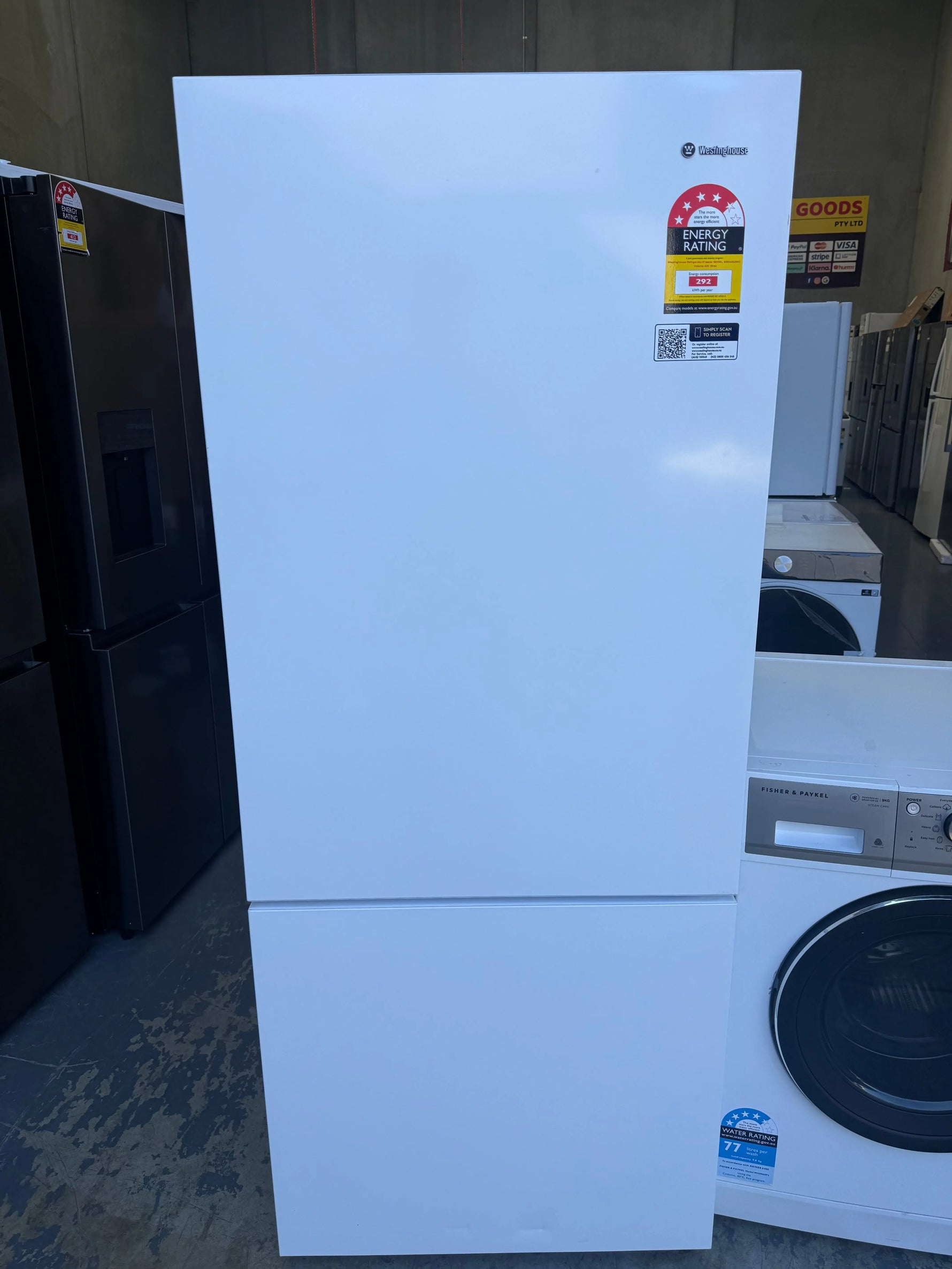Westinghouse 425L Bottom Mount Fridge – Factory Seconds and Fisher & Paykel 9kg Top Load Washing Machine | MELBOURNE