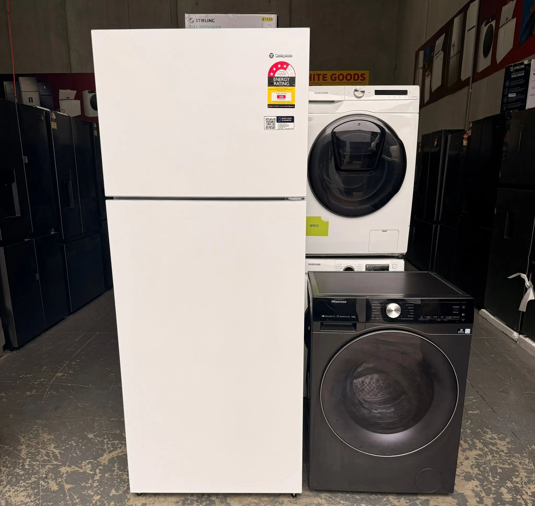 Westinghouse WTM4302WD 431L Top Mount Fridge Freezer (Factory Seconds) + Hisense 10kg Washing Machine HWFS1015AB (Refurbished) Combo | MELBOURNE
