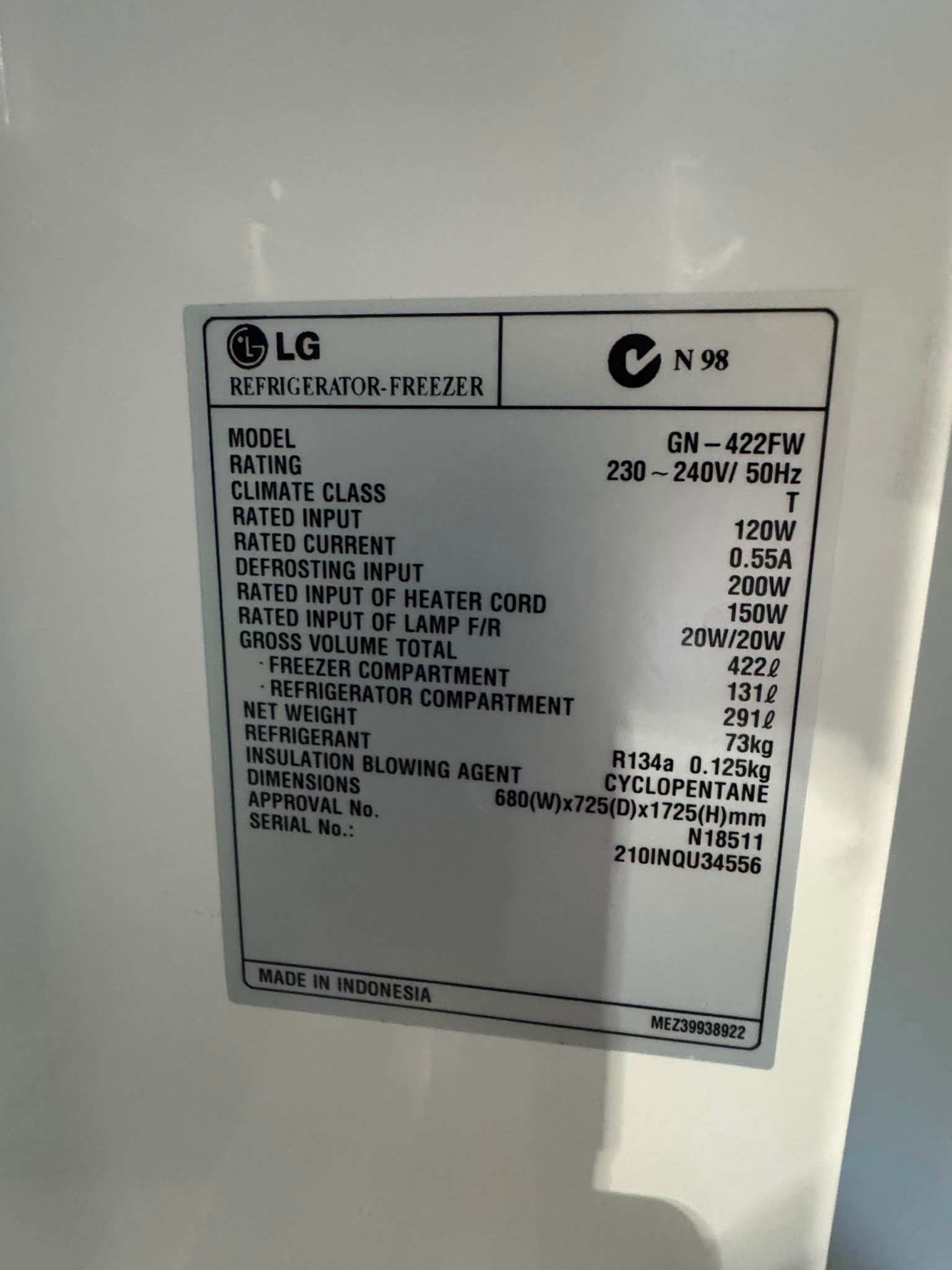 Refurbished LG 422L Top Mount Fridge Freezer | PERTH