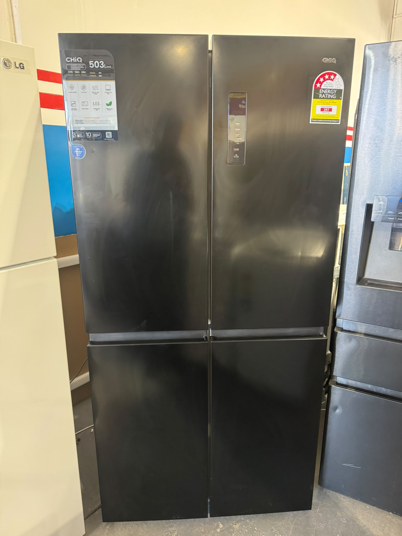 Factory Seconds CHiQ 503L Quad Door Fridge Freezer – Black Steel Finish | PERTH