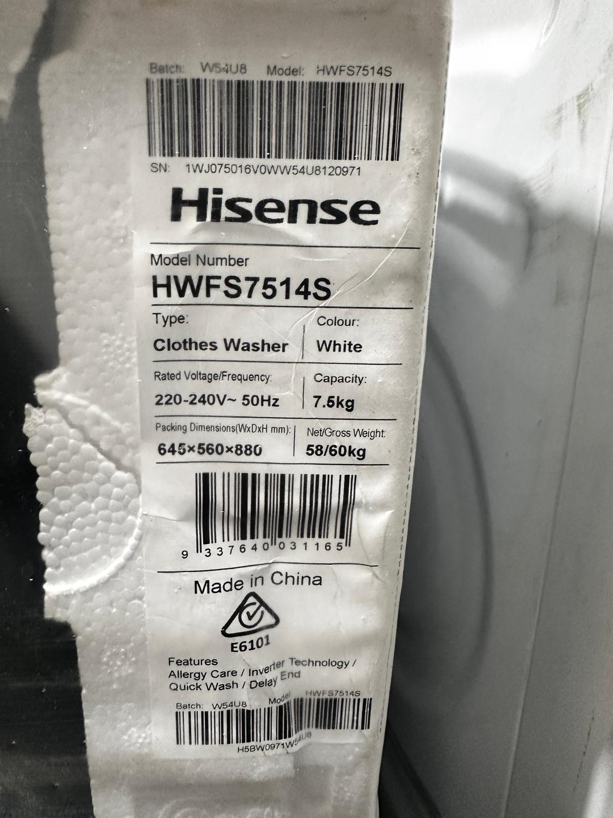 Hisense 7.5kg Front Load Washing Machine HWFS7514S – Factory Seconds | ADELAIDE