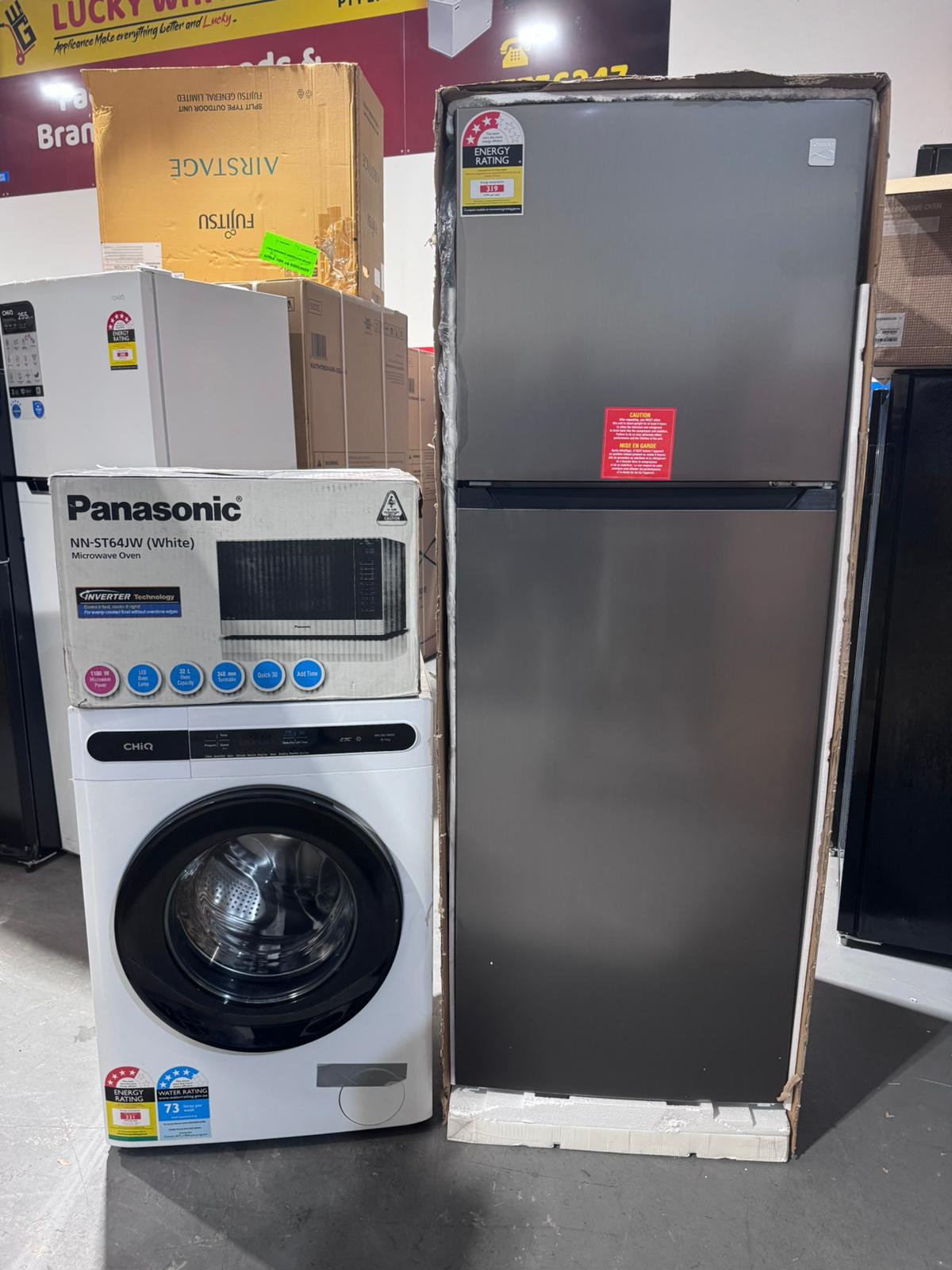 Kenmore Fridge + CHiQ Washer + Panasonic Microwave Package