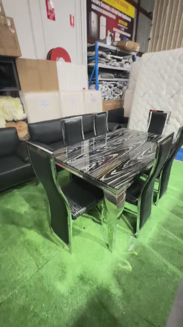 Black & White Loop Marble Dining Table Set – 6 Seater – Brand New